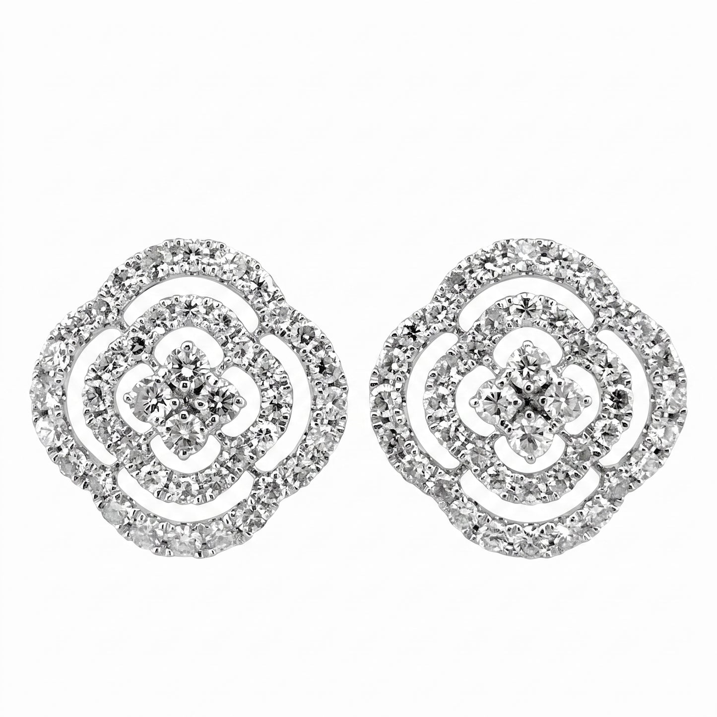 88-Diamond Flower Stud Earrings, 13mm - 18K white gold layered camellia rose flower stud with three concentric scalloped petal rings of bead-set round diamonds and polished metal petal edges