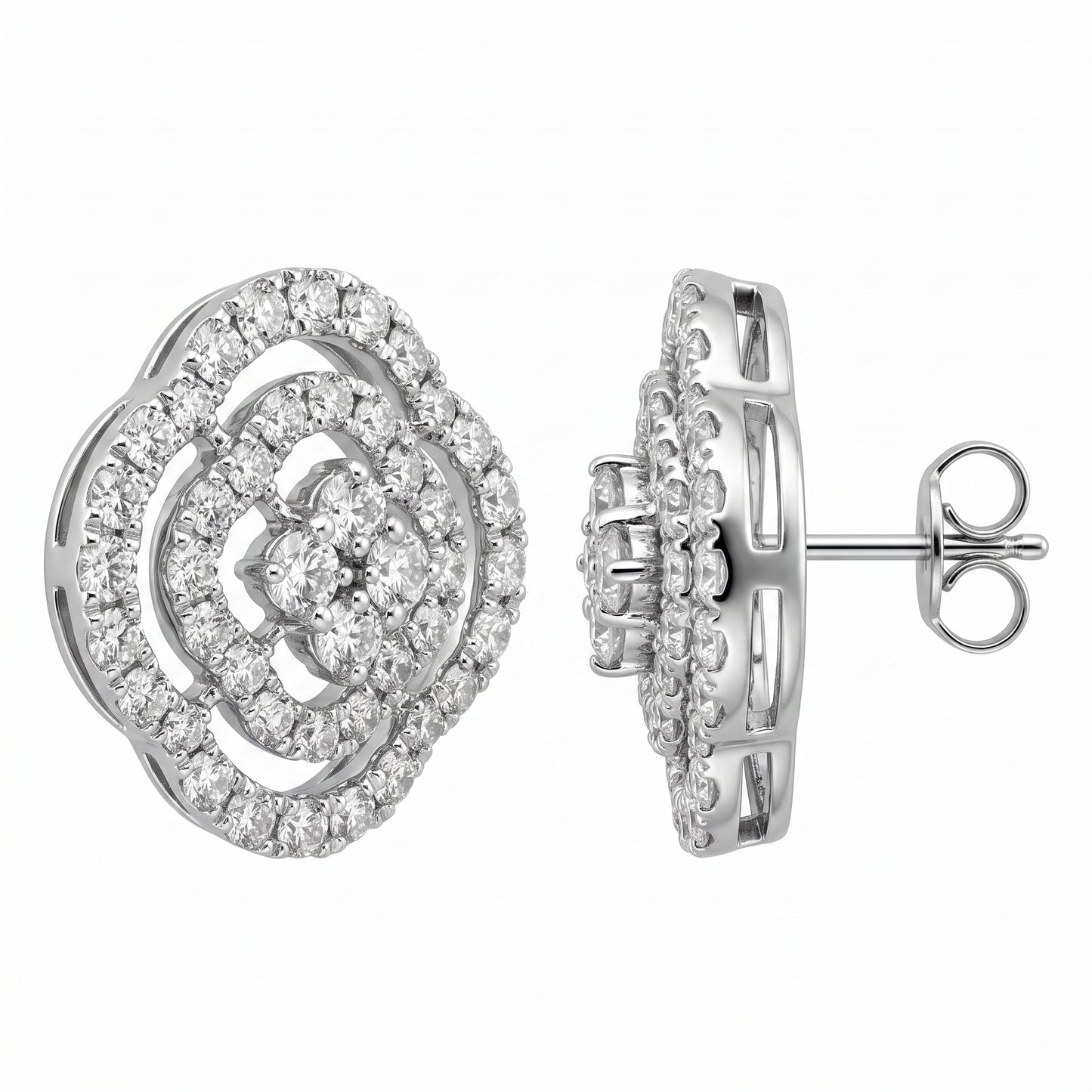 88-Diamond Flower Stud Earrings, 13mm - front and side view showing the 18K white gold layered camellia rose flower stud, its openwork gallery, post and butterfly back