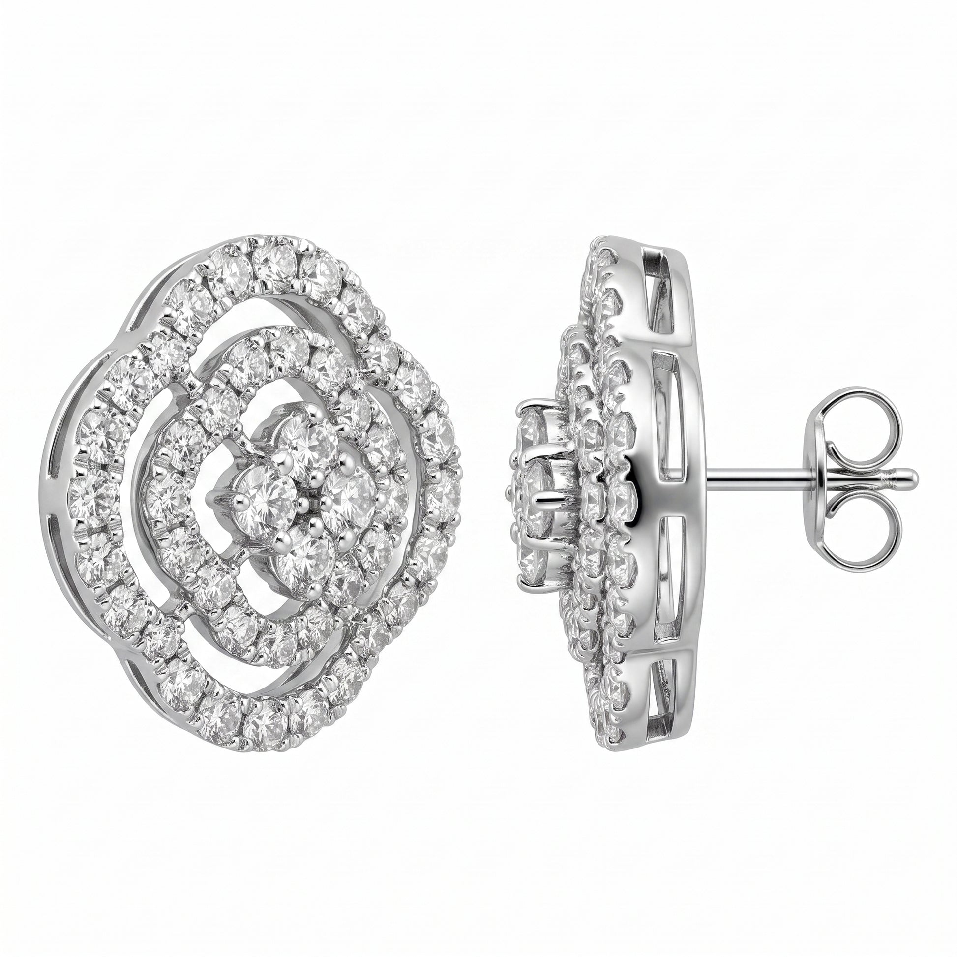 88-Diamond Flower Stud Earrings, 13mm - front and side view showing the 18K white gold layered camellia rose flower stud, its openwork gallery, post and butterfly back