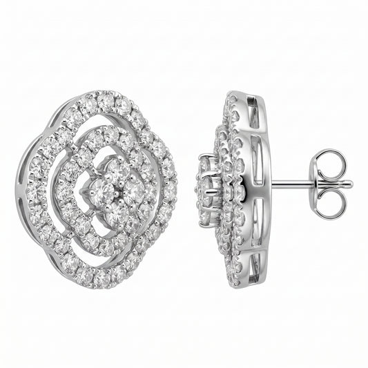 88-Diamond Flower Stud Earrings, 13mm - front and side view showing the 18K white gold layered camellia rose flower stud, its openwork gallery, post and butterfly back