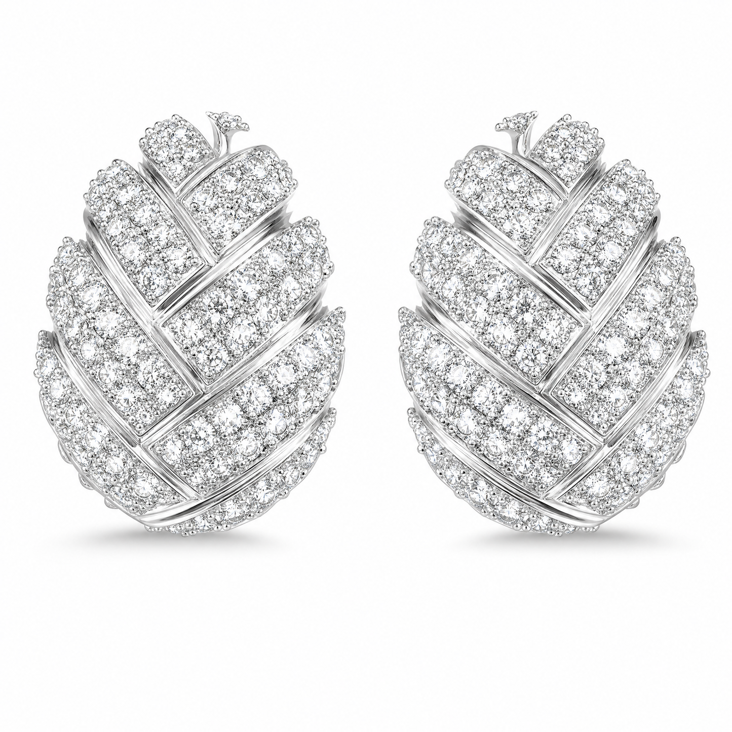 DEKS0046W W-1 frontal pair - pave round diamond woven domed oval clip earrings in 18K white gold