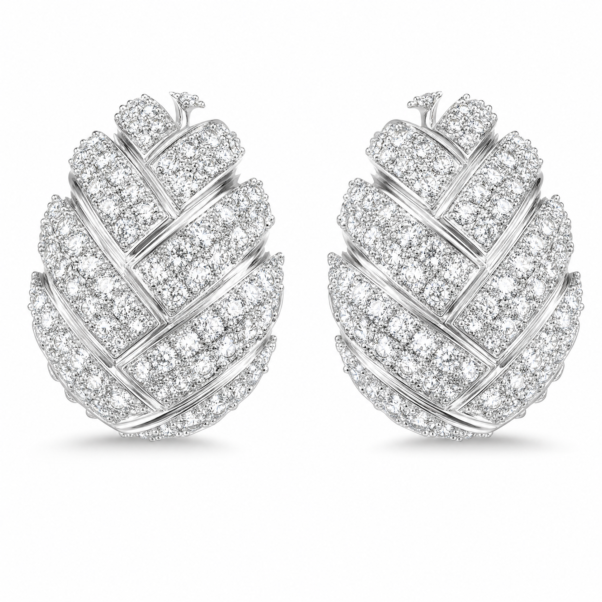 DEKS0046W W-1 frontal pair - pave round diamond woven domed oval clip earrings in 18K white gold