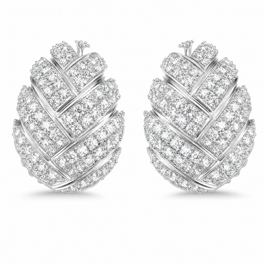 DEKS0046W W-1 frontal pair - pave round diamond woven domed oval clip earrings in 18K white gold