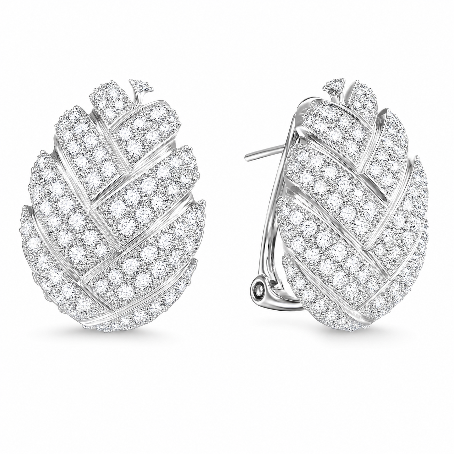 DEKS0046W W-2 front and turned view showing French clip backing - pave round diamond woven domed oval clip earrings in 18K white gold
