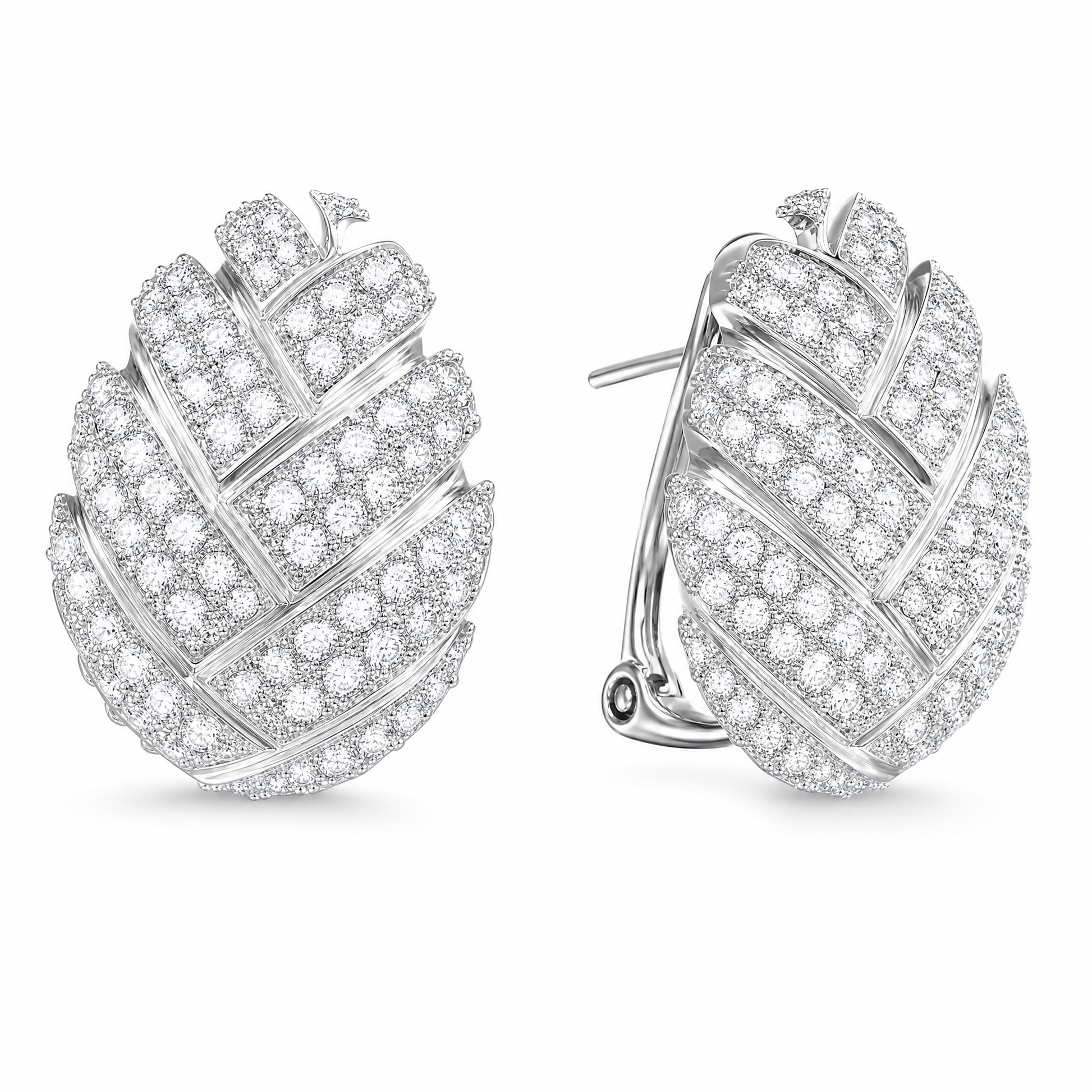 DEKS0046W W-2 front and turned view showing French clip backing - pave round diamond woven domed oval clip earrings in 18K white gold
