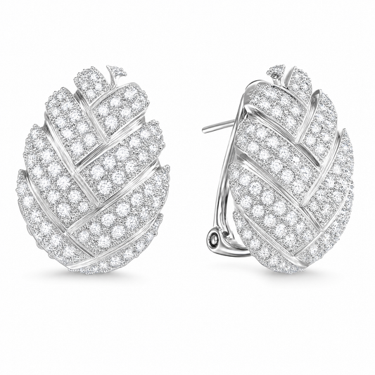 DEKS0046W W-2 front and turned view showing French clip backing - pave round diamond woven domed oval clip earrings in 18K white gold