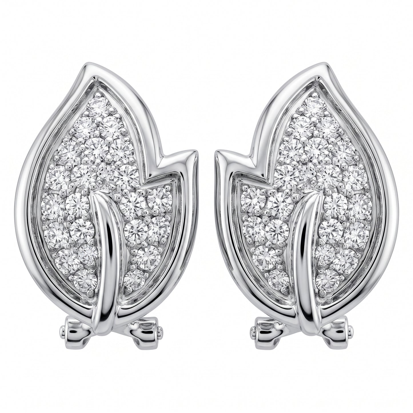 DEKS0345W 18K white gold pavé diamond leaf clip & post earrings, front view
