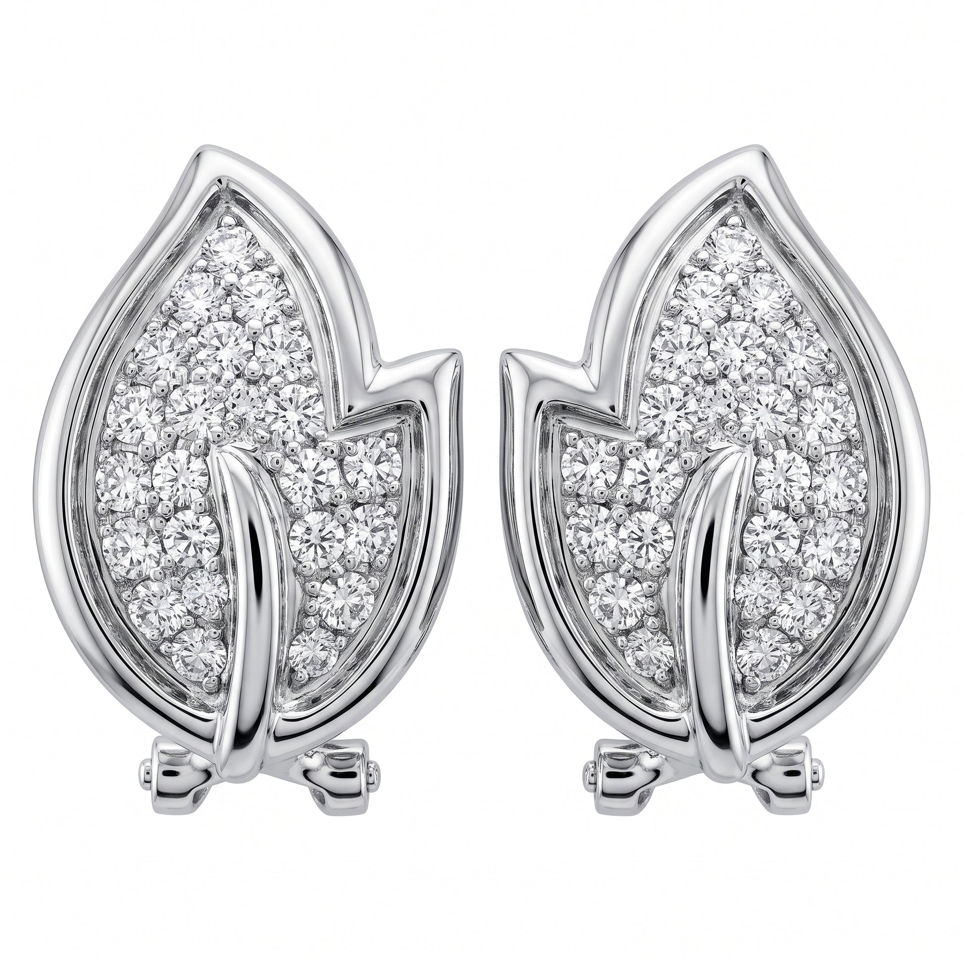 DEKS0345W 18K white gold pavé diamond leaf clip & post earrings, front view