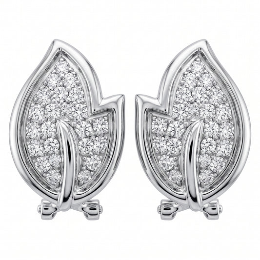 DEKS0345W 18K white gold pavé diamond leaf clip & post earrings, front view