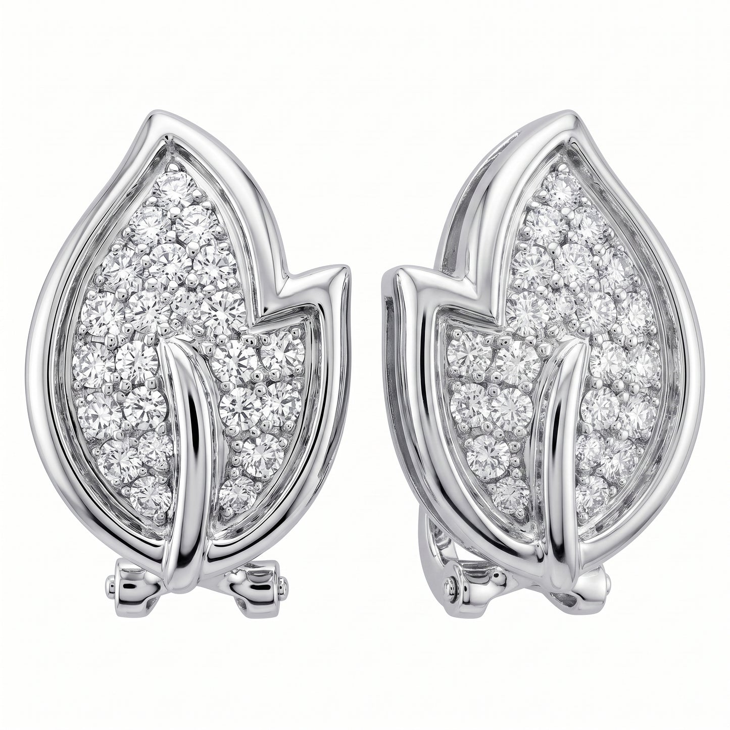 DEKS0345W 18K white gold pavé diamond leaf clip & post earrings, angled view