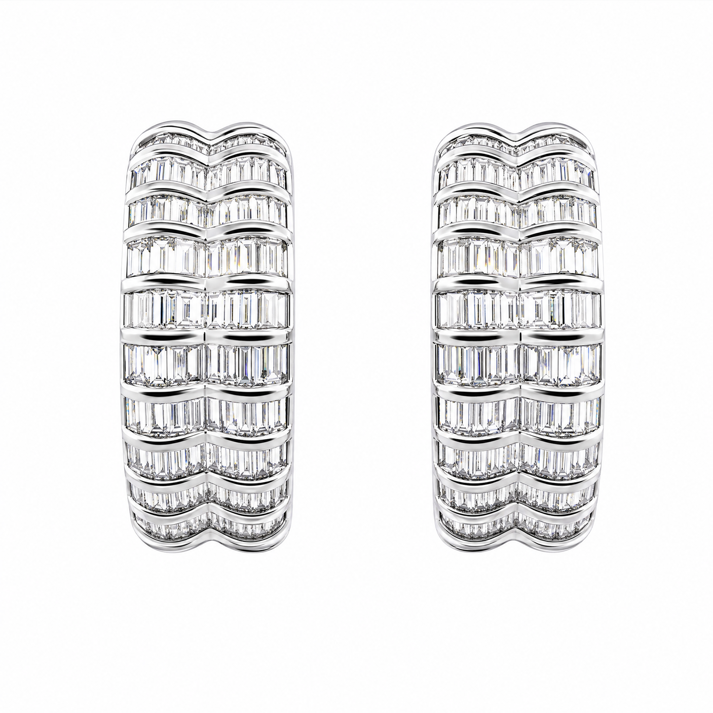 DEKS0431W W-1 frontal pair - tapered baguette diamond multi-row curved clip earrings in 18K white gold