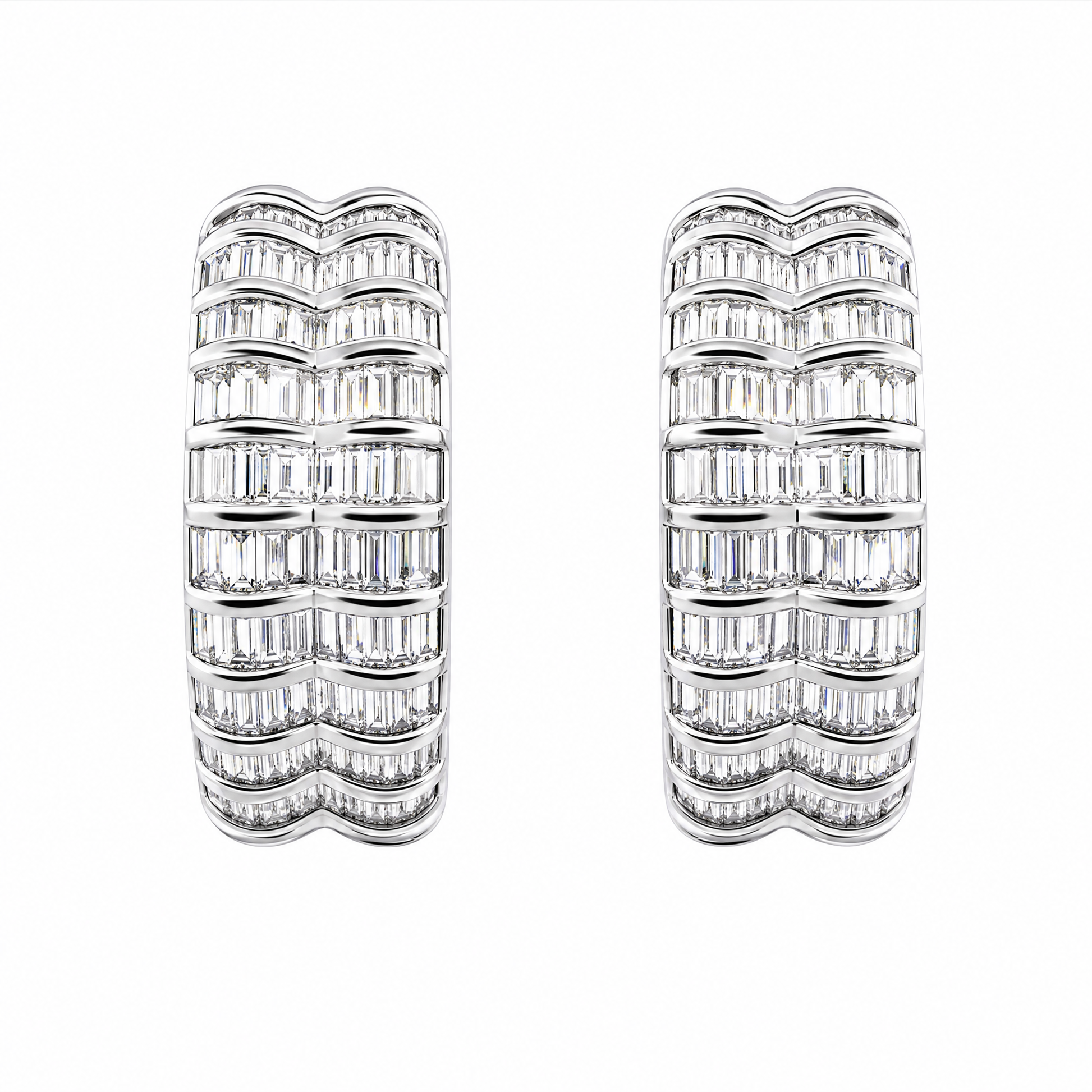 DEKS0431W W-1 frontal pair - tapered baguette diamond multi-row curved clip earrings in 18K white gold