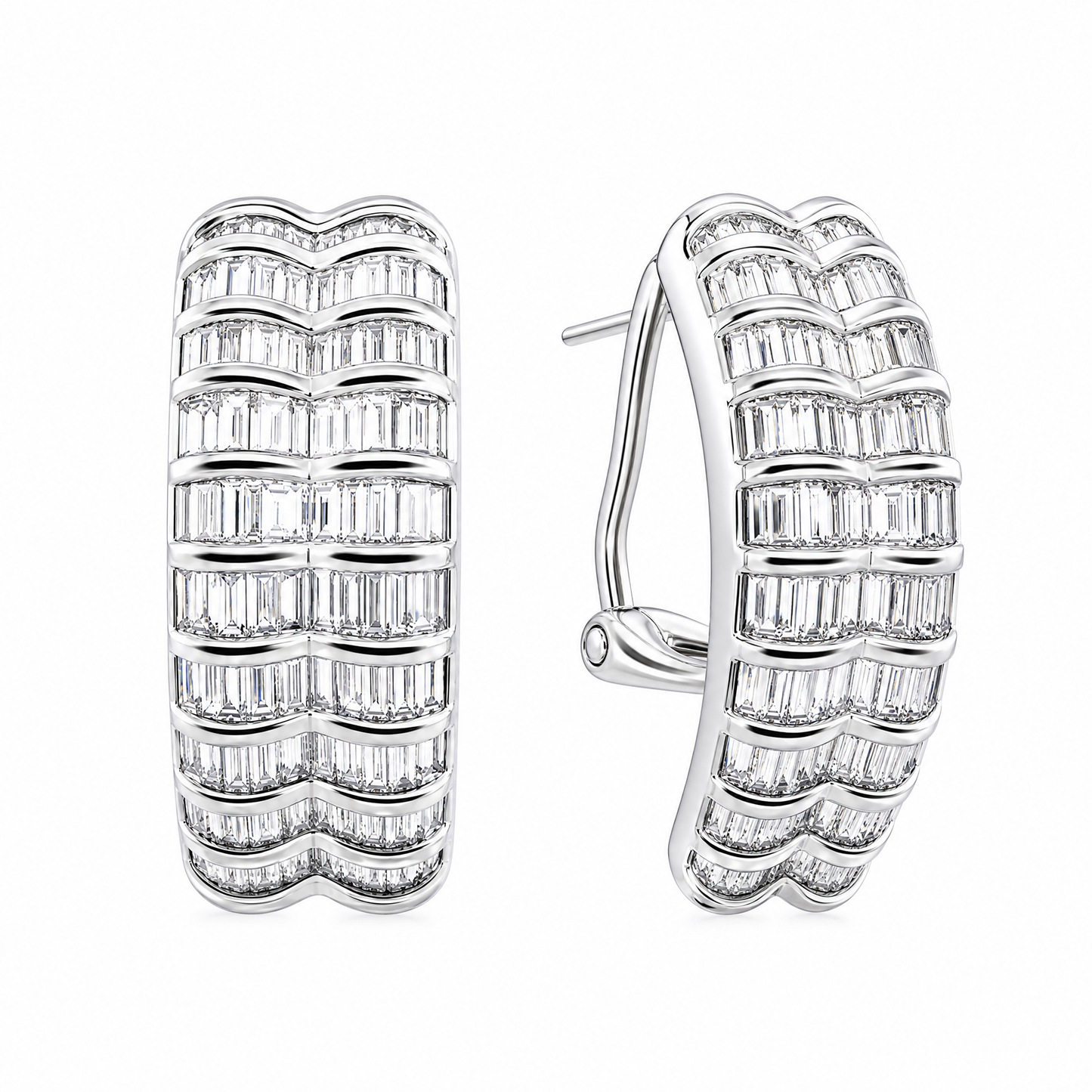 DEKS0431W W-2 front and turned view showing French clip backing - tapered baguette diamond multi-row curved clip earrings in 18K white gold
