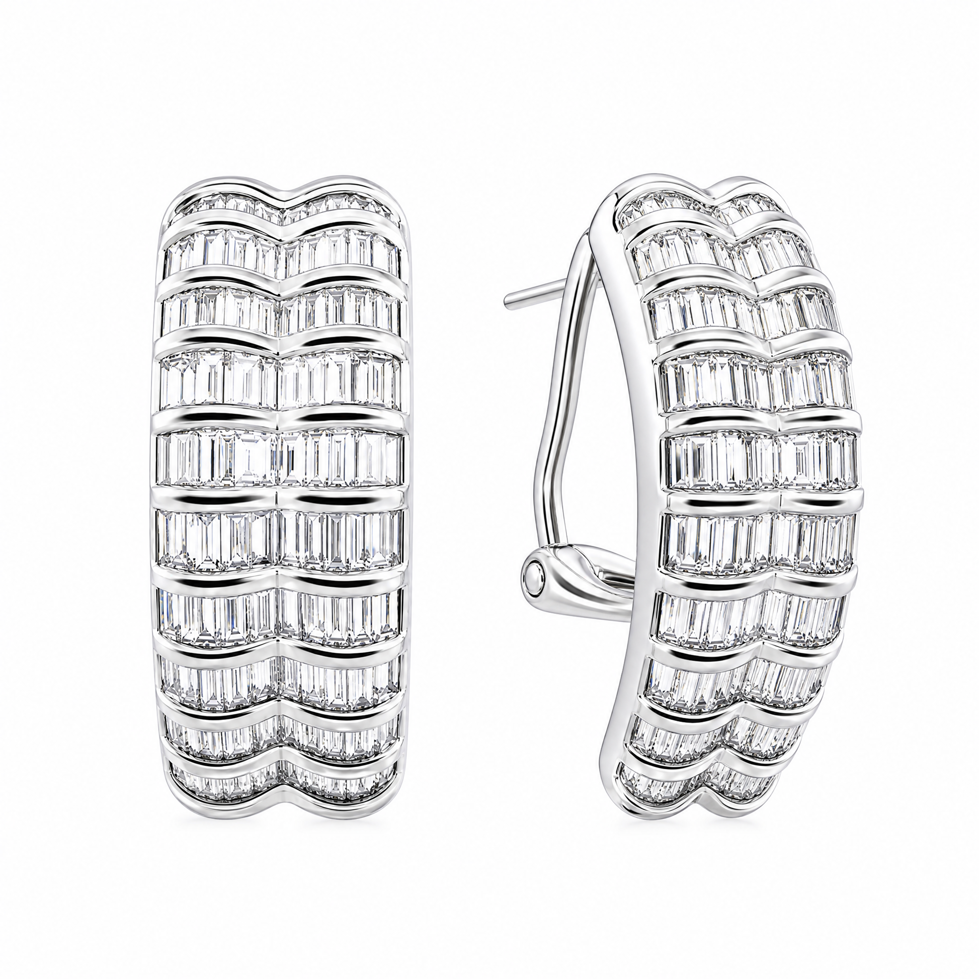 DEKS0431W W-2 front and turned view showing French clip backing - tapered baguette diamond multi-row curved clip earrings in 18K white gold