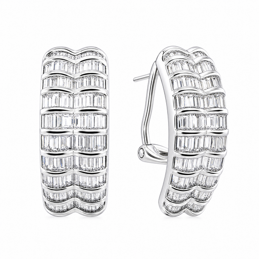 DEKS0431W W-2 front and turned view showing French clip backing - tapered baguette diamond multi-row curved clip earrings in 18K white gold