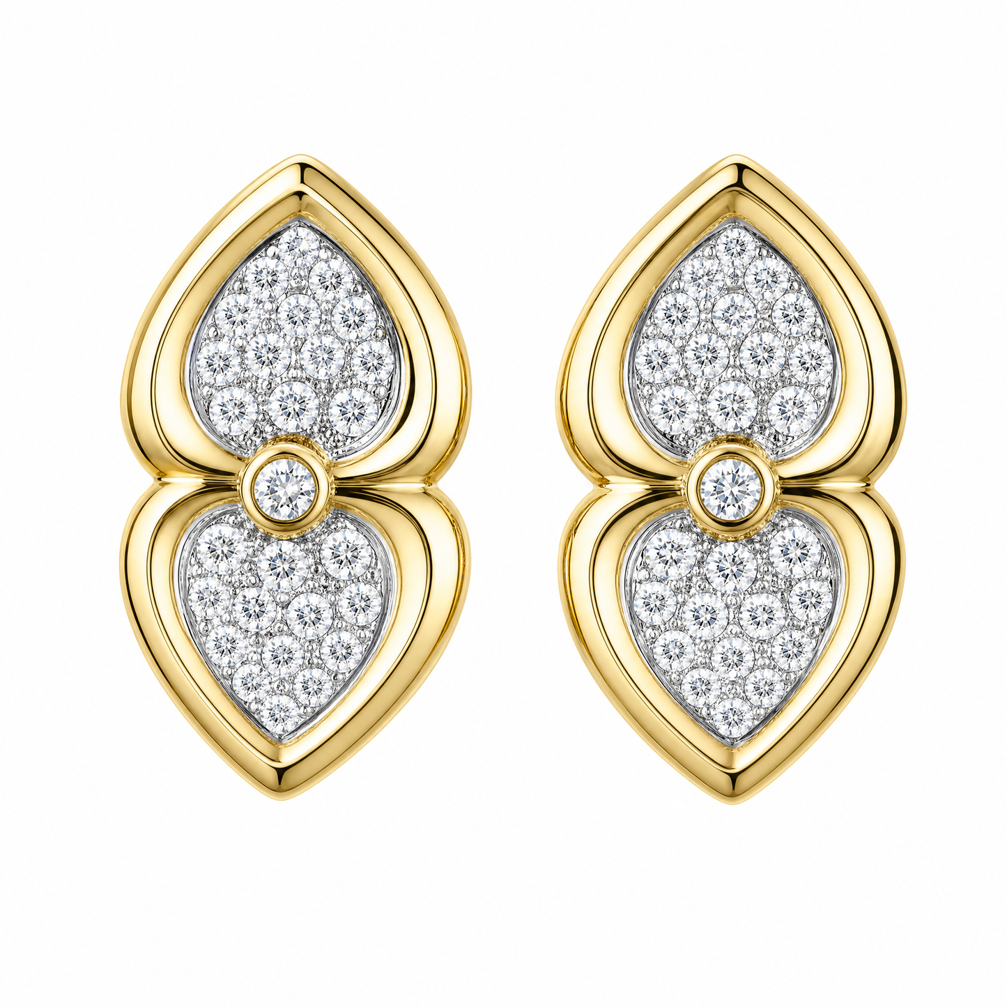 DEM0050 W-1 frontal pair - pave diamond double-heart clip earrings in 18K yellow gold