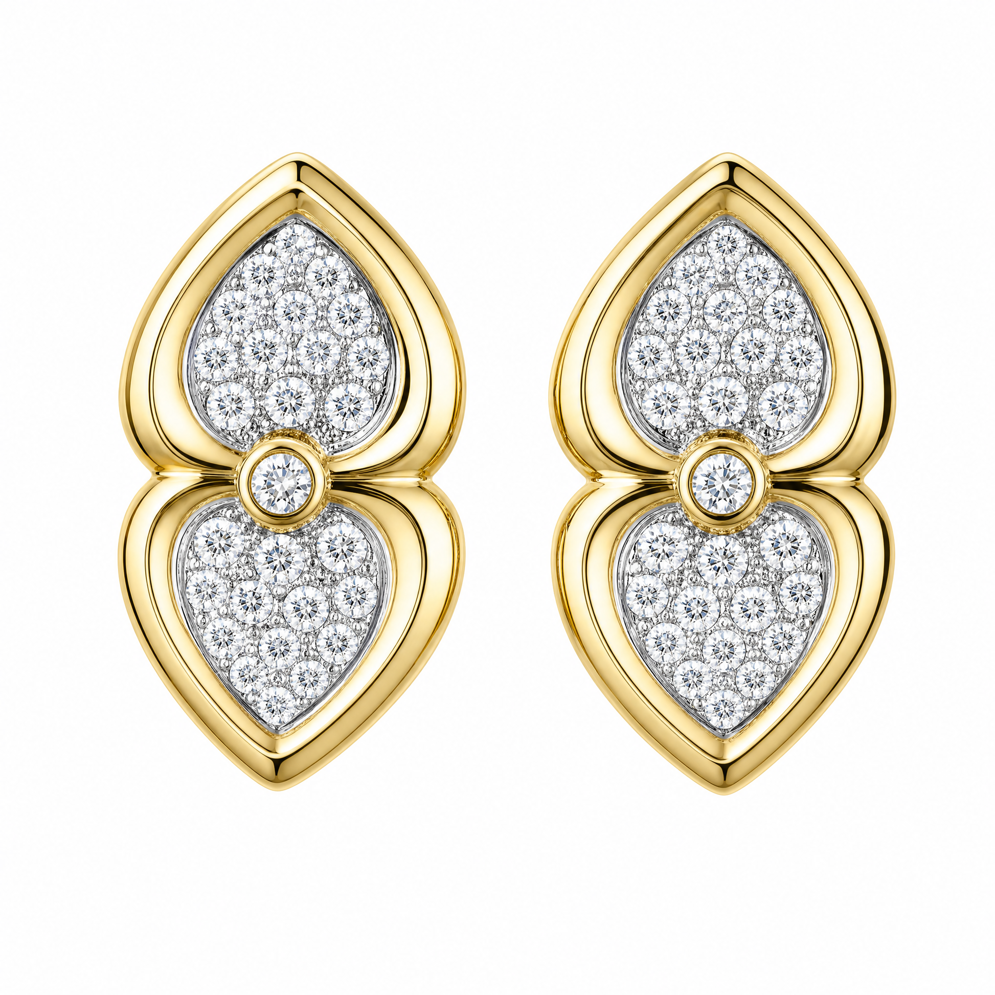 DEM0050 W-1 frontal pair - pave diamond double-heart clip earrings in 18K yellow gold