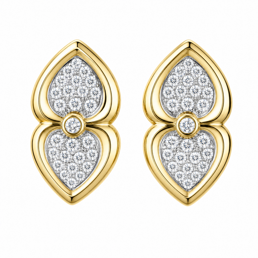 DEM0050 W-1 frontal pair - pave diamond double-heart clip earrings in 18K yellow gold