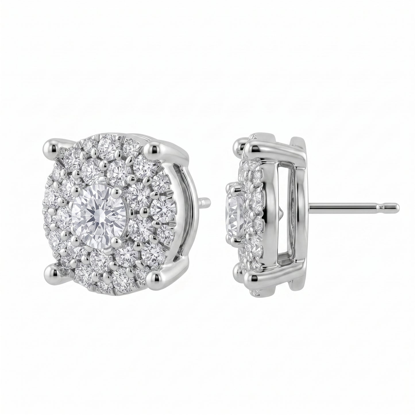 56-Diamond Round Stud Earrings, 7.5mm - front and side view showing the 18K white gold cluster disc, four diagonal claw prongs, post and butterfly back