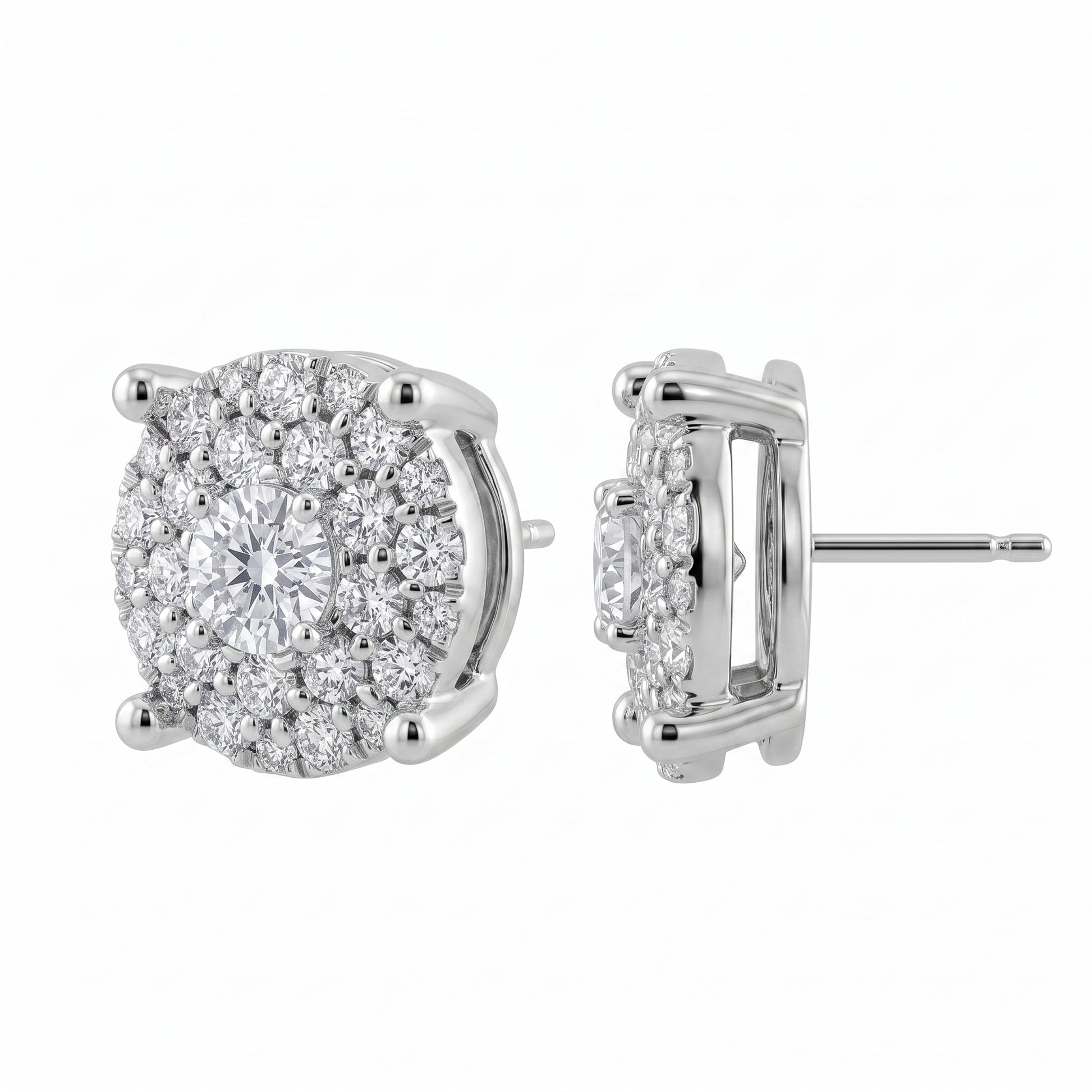56-Diamond Round Stud Earrings, 7.5mm - front and side view showing the 18K white gold cluster disc, four diagonal claw prongs, post and butterfly back