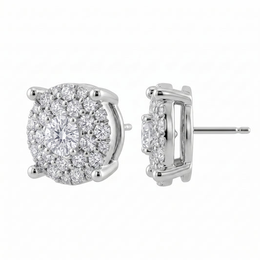 56-Diamond Round Stud Earrings, 7.5mm - front and side view showing the 18K white gold cluster disc, four diagonal claw prongs, post and butterfly back