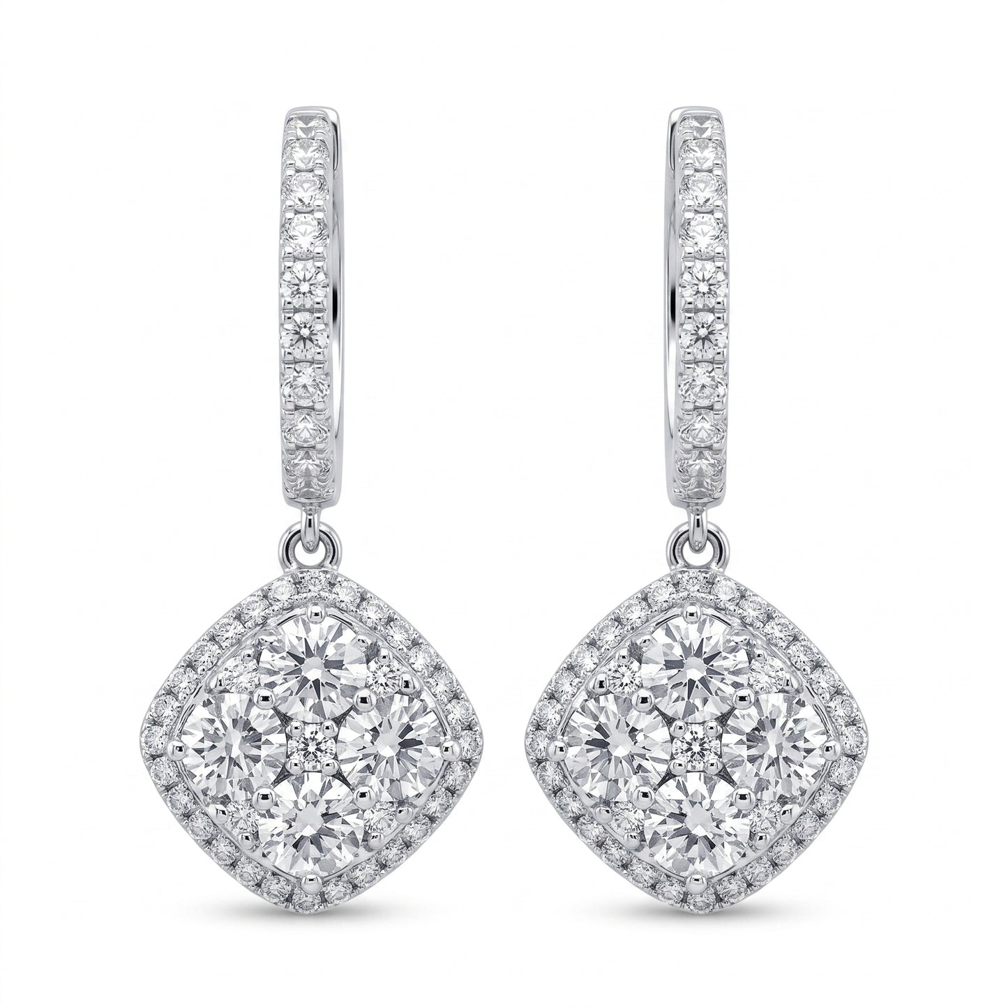 14K white gold cushion-shaped diamond cluster drop earrings on a white background
