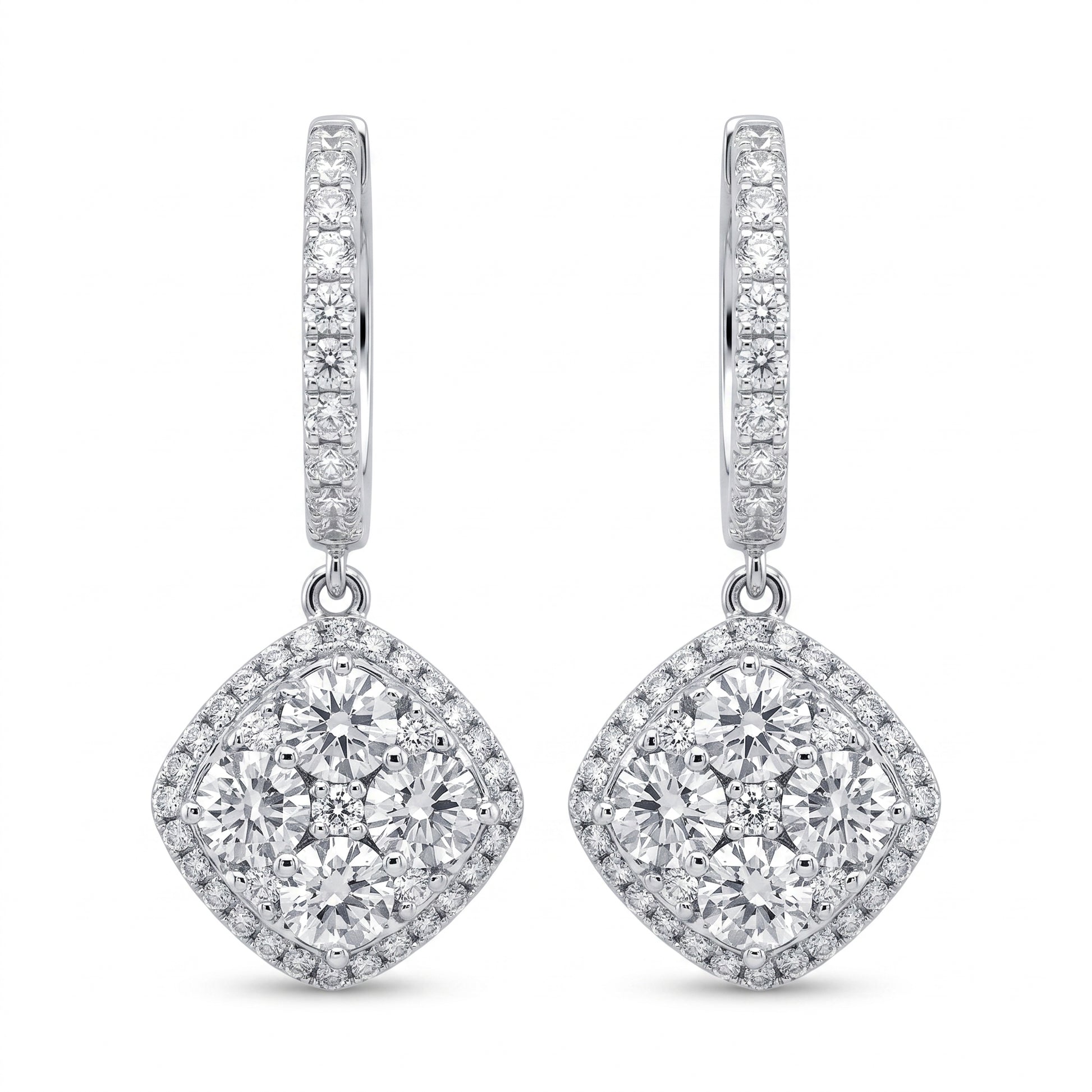 14K white gold cushion-shaped diamond cluster drop earrings on a white background