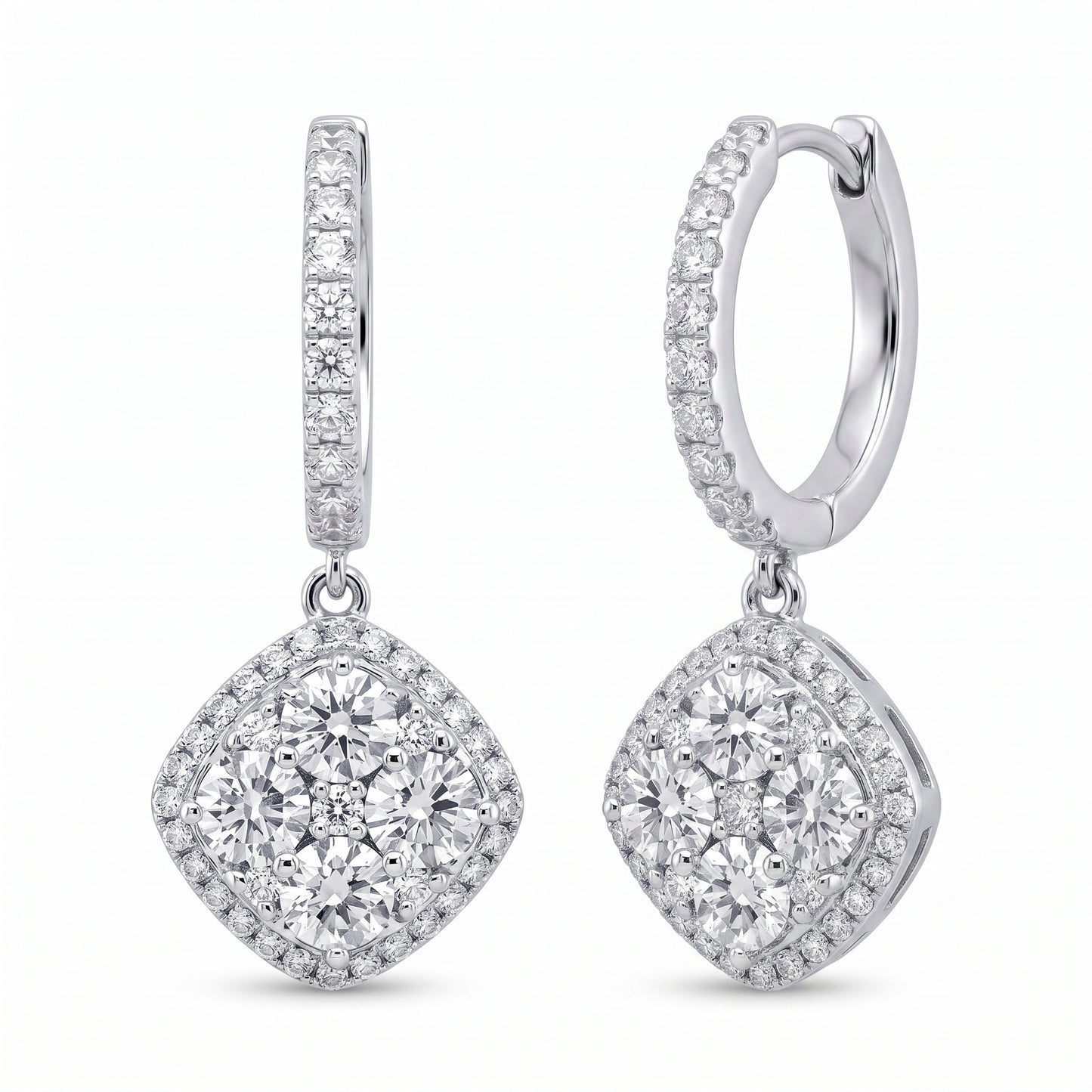14K white gold cushion-shaped diamond cluster drop earrings, angled view showing the hinged pave huggie hoop and plain inner band, on a white background