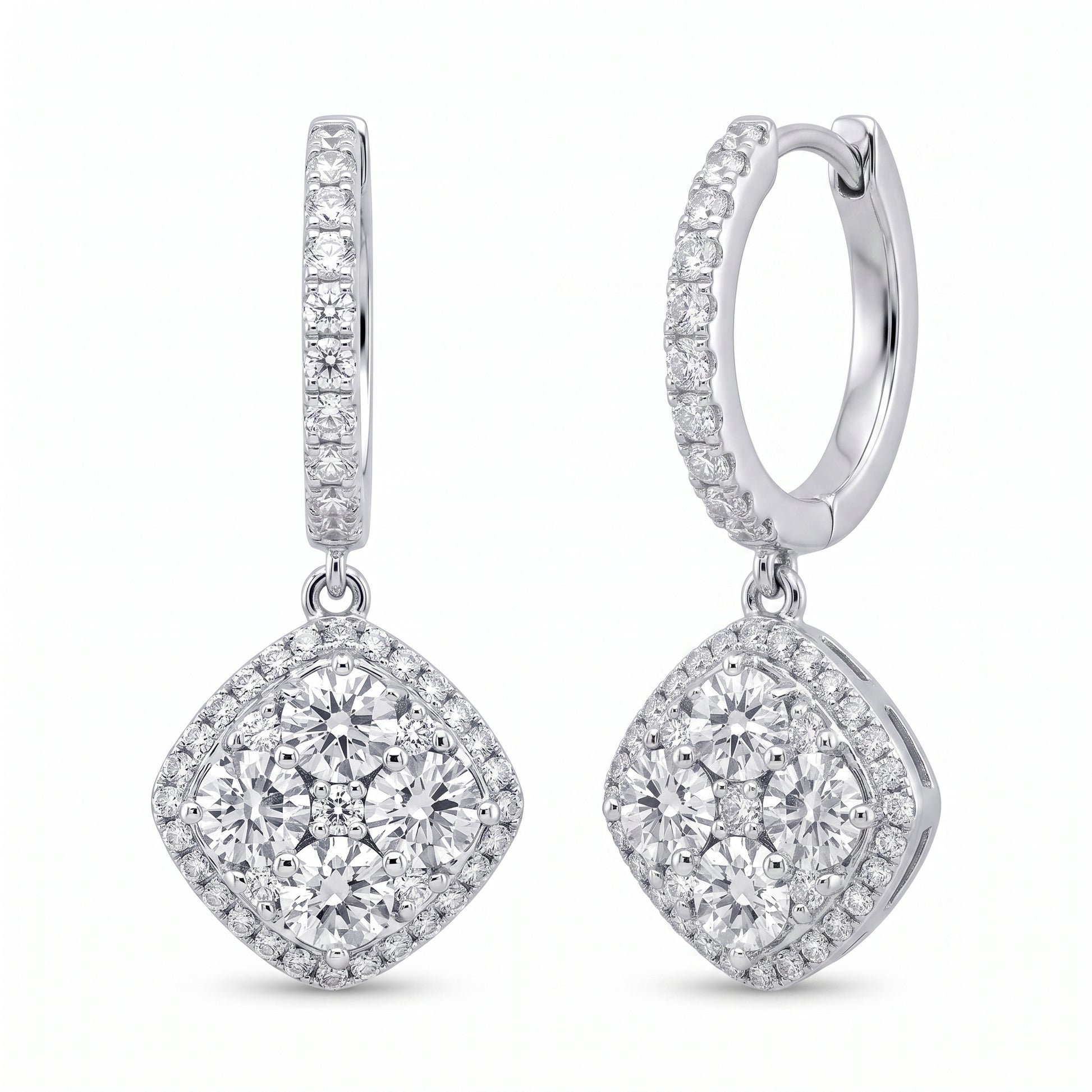 14K white gold cushion-shaped diamond cluster drop earrings, angled view showing the hinged pave huggie hoop and plain inner band, on a white background