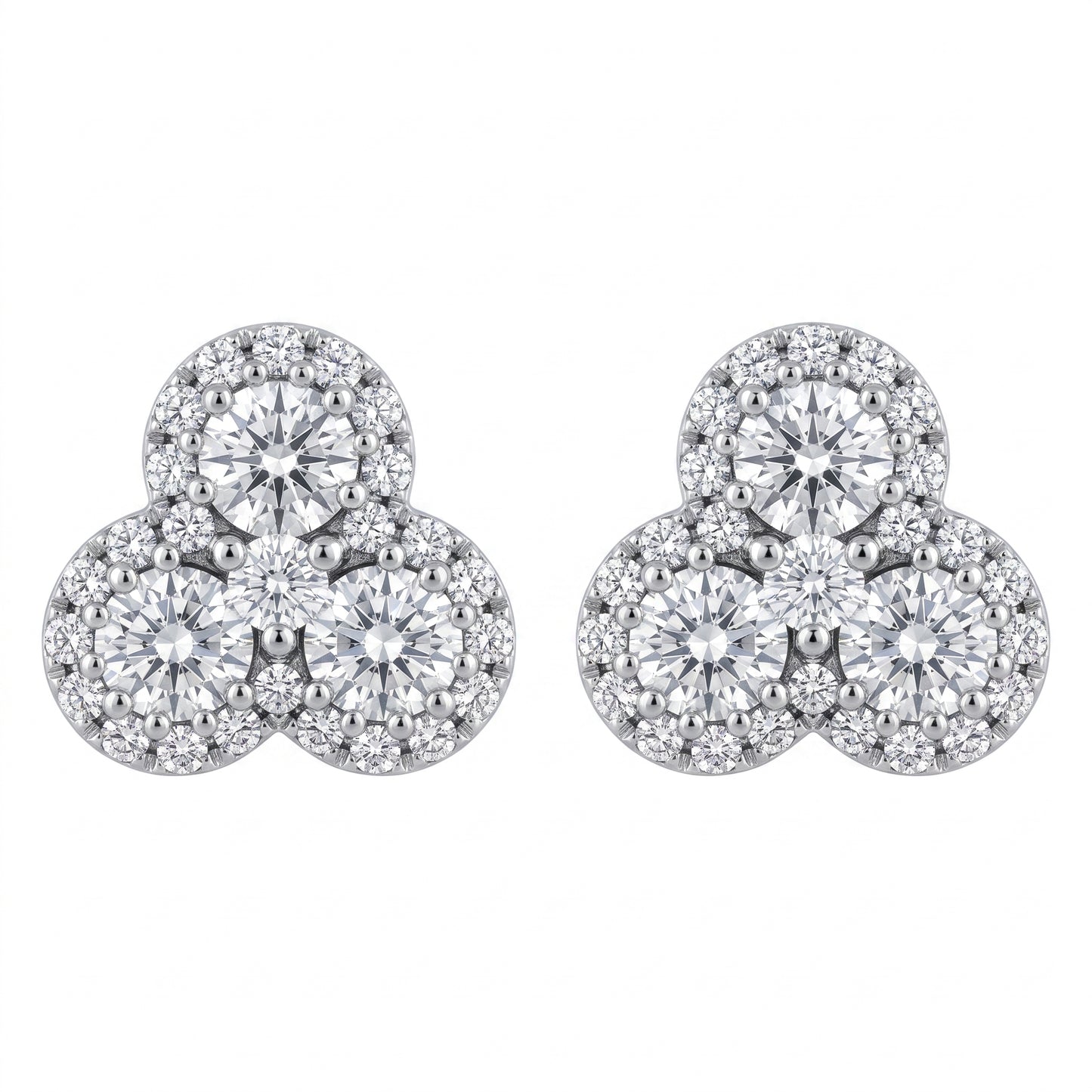 DEM1127W W-1 frontal pair - trefoil three-stone diamond cluster stud earrings, three equal round brilliant diamonds in a clover arrangement each within its own single-row pave halo, in 18K white gold