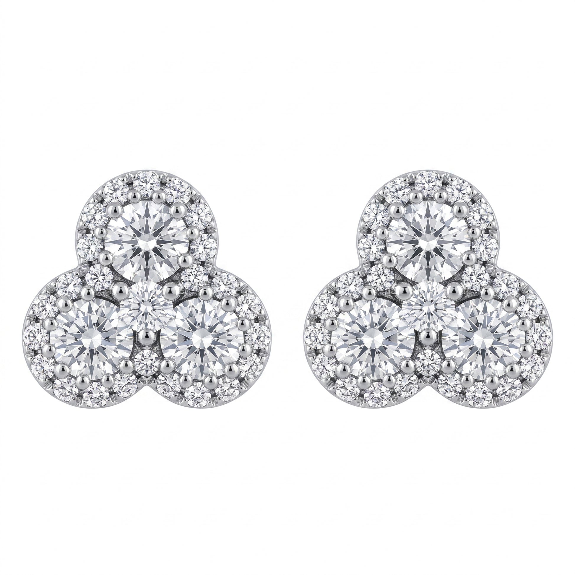 DEM1127W W-1 frontal pair - trefoil three-stone diamond cluster stud earrings, three equal round brilliant diamonds in a clover arrangement each within its own single-row pave halo, in 18K white gold