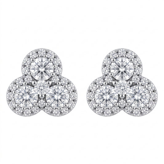 DEM1127W W-1 frontal pair - trefoil three-stone diamond cluster stud earrings, three equal round brilliant diamonds in a clover arrangement each within its own single-row pave halo, in 18K white gold