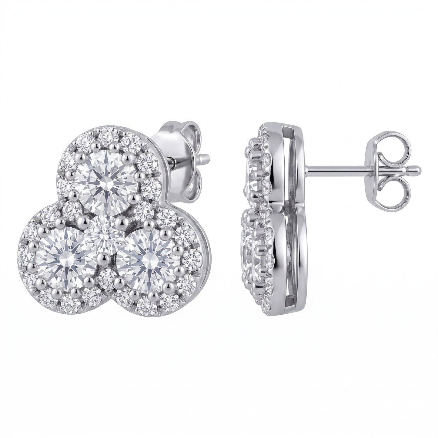 DEM1127W W-2 front and turned view showing the straight wire post and butterfly back - trefoil three-stone diamond cluster stud earrings in 18K white gold