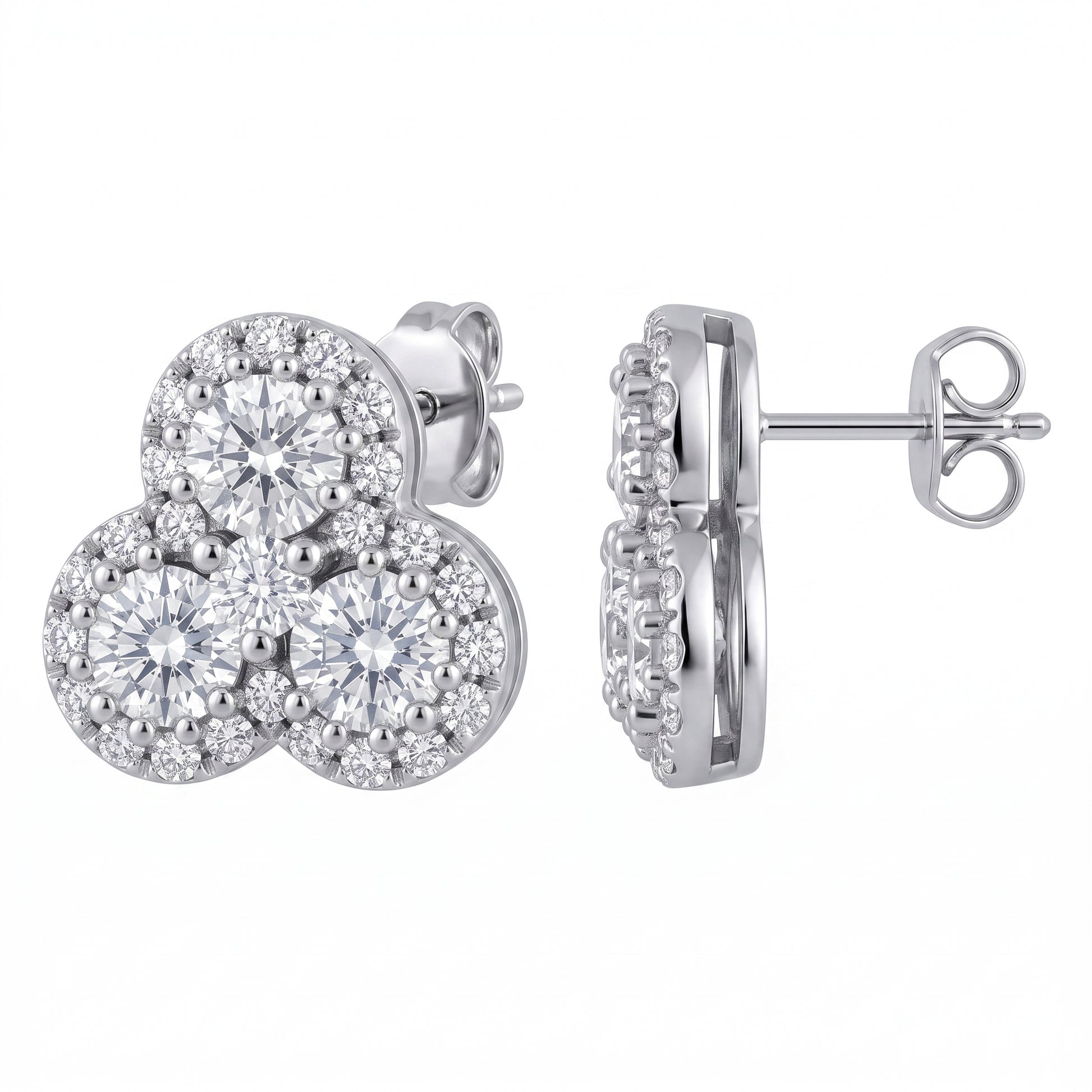 DEM1127W W-2 front and turned view showing the straight wire post and butterfly back - trefoil three-stone diamond cluster stud earrings in 18K white gold