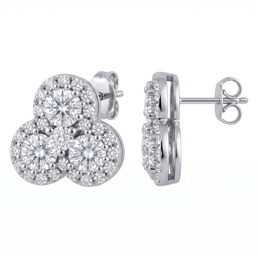 DEM1127W W-2 front and turned view showing the straight wire post and butterfly back - trefoil three-stone diamond cluster stud earrings in 18K white gold