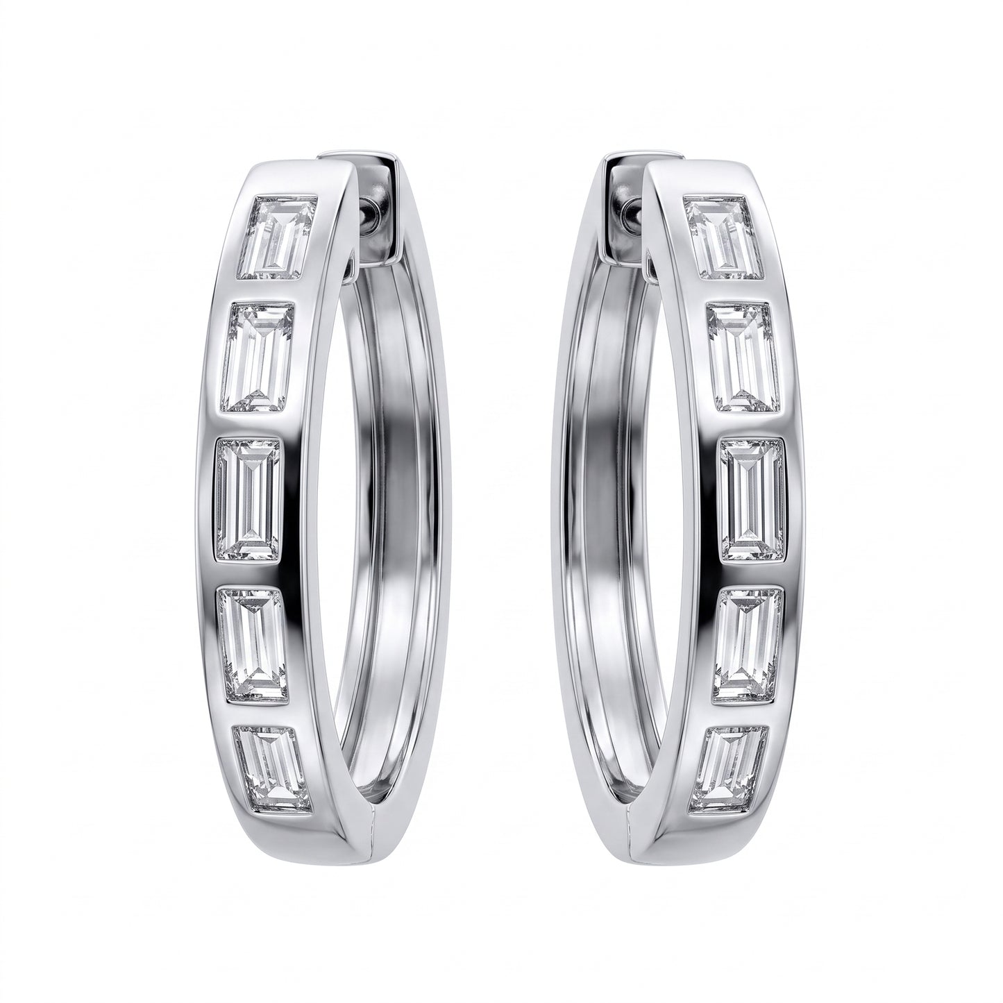 10 Baguette Diamond Bezel Hoop Earrings, 14K white gold, white background