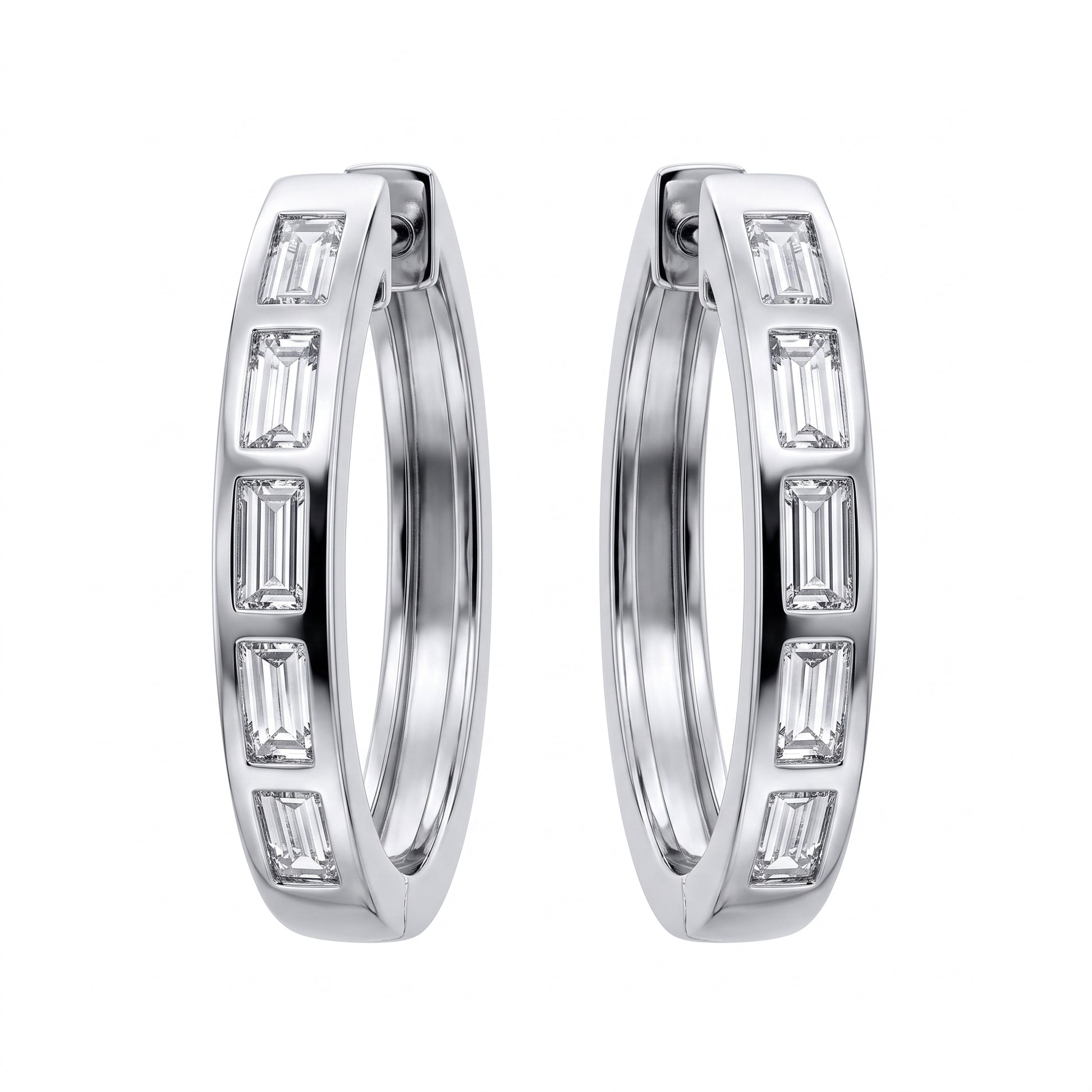 10 Baguette Diamond Bezel Hoop Earrings, 14K white gold, white background