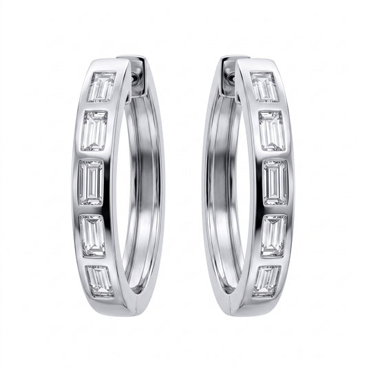 10 Baguette Diamond Bezel Hoop Earrings, 14K white gold, white background
