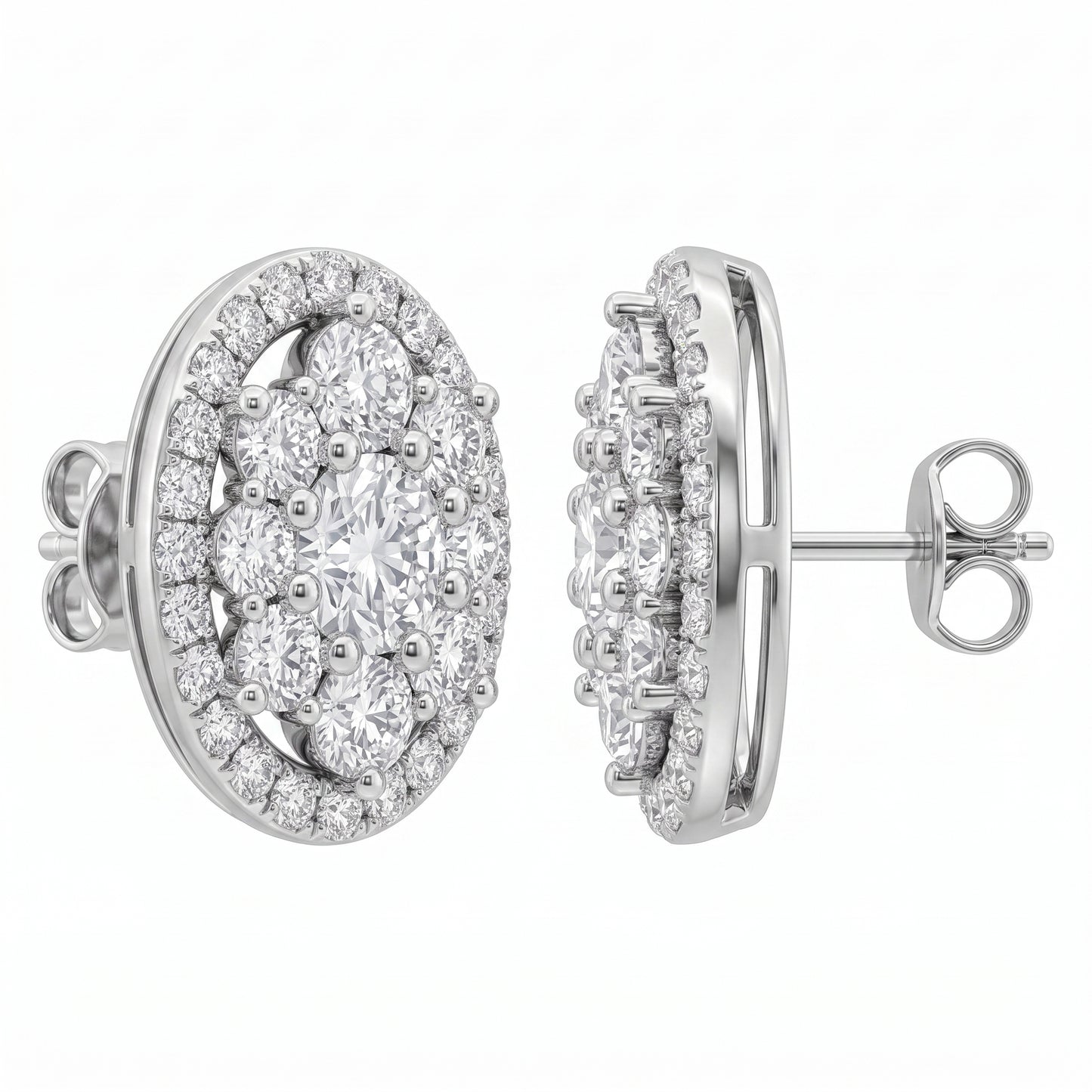67-Diamond Oval Stud Earrings in 14K white gold - second view showing post and butterfly back