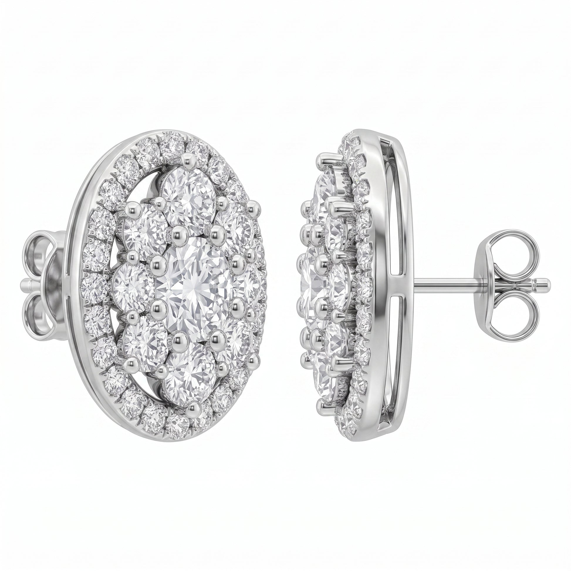 67-Diamond Oval Stud Earrings in 14K white gold - second view showing post and butterfly back