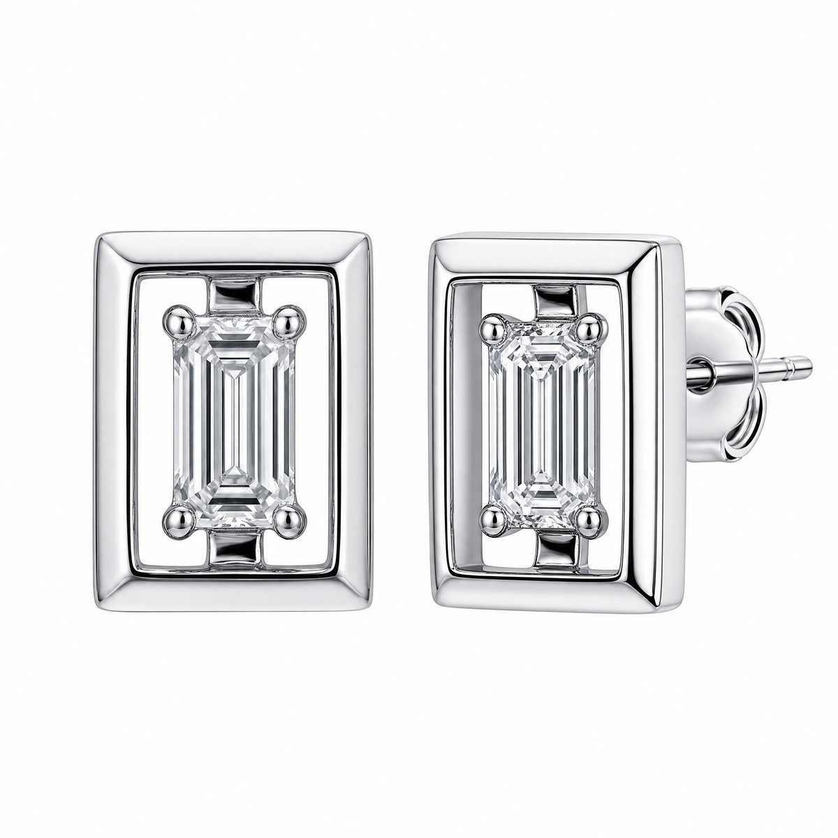2 Baguette Diamond Framed Post Earrings, 6.5x8mm