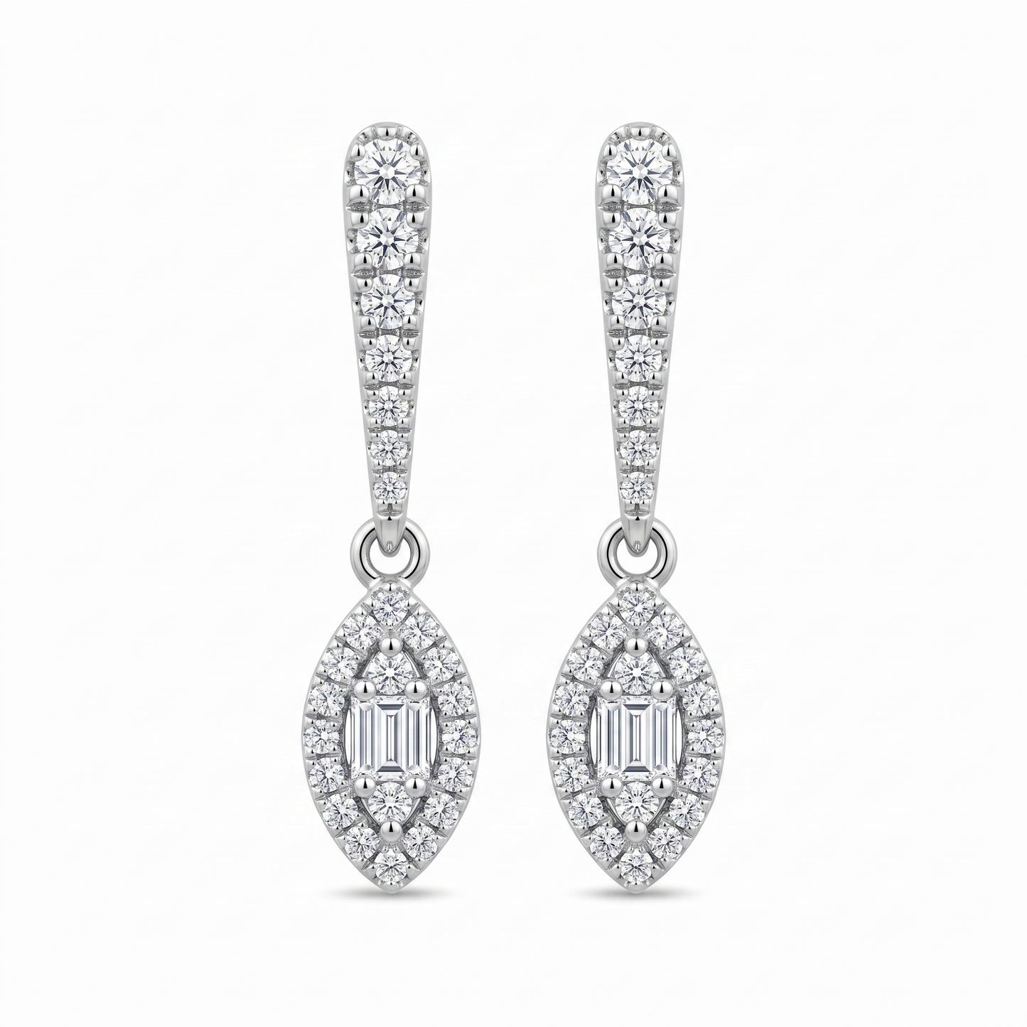 4 Baguette & 52-Diamond Bar & Marquise Dangle Post Earrings, 4x19mm - 18k white gold dangle earrings with a tapered pave bar above a marquise drop haloed in round diamonds around a straight baguette centre panel