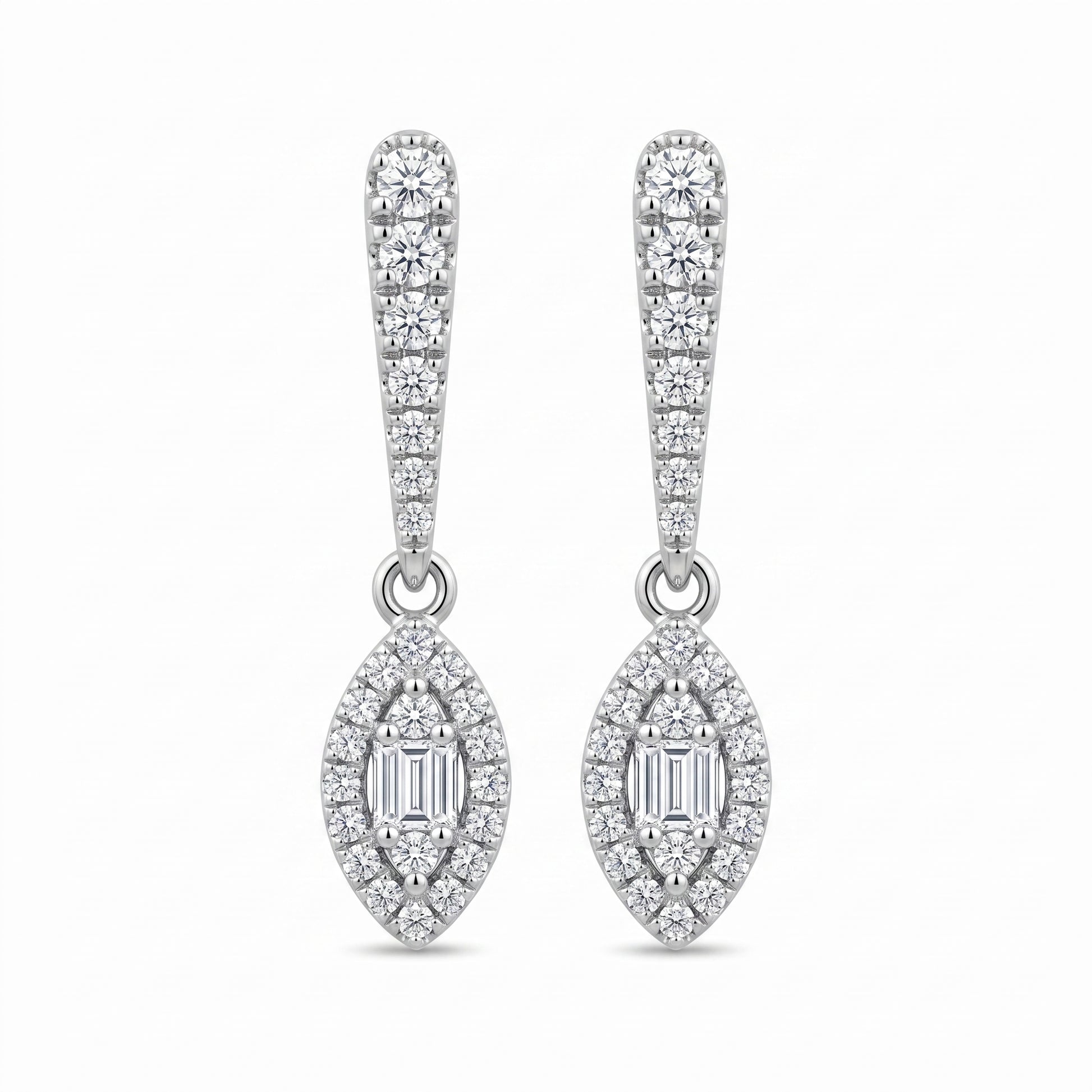 4 Baguette & 52-Diamond Bar & Marquise Dangle Post Earrings, 4x19mm - 18k white gold dangle earrings with a tapered pave bar above a marquise drop haloed in round diamonds around a straight baguette centre panel