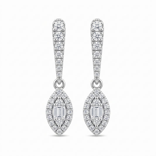 4 Baguette & 52-Diamond Bar & Marquise Dangle Post Earrings, 4x19mm - 18k white gold dangle earrings with a tapered pave bar above a marquise drop haloed in round diamonds around a straight baguette centre panel