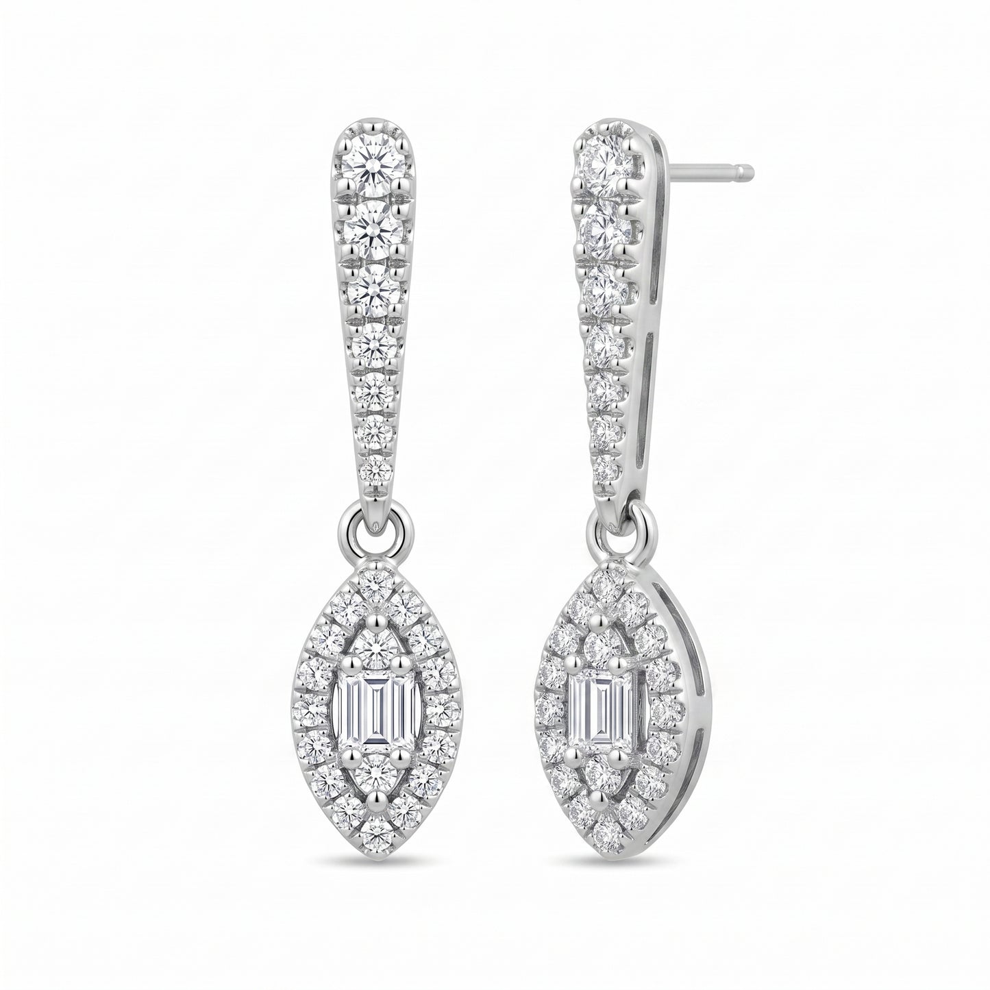 4 Baguette & 52-Diamond Bar & Marquise Dangle Post Earrings, 4x19mm - second view with one earring turned to three-quarter, showing the plain polished 18k white gold post and the side of the marquise drop