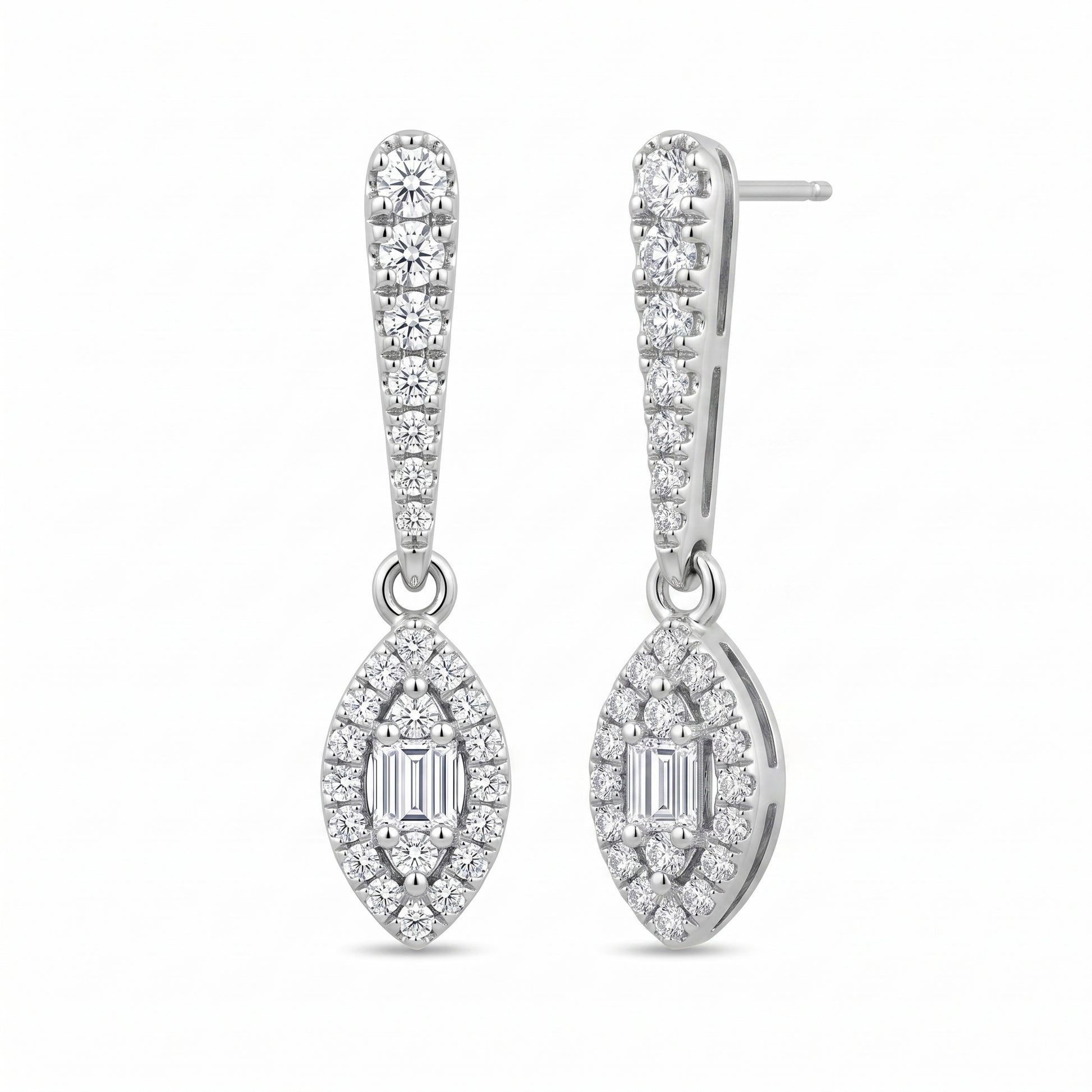 4 Baguette & 52-Diamond Bar & Marquise Dangle Post Earrings, 4x19mm - second view with one earring turned to three-quarter, showing the plain polished 18k white gold post and the side of the marquise drop
