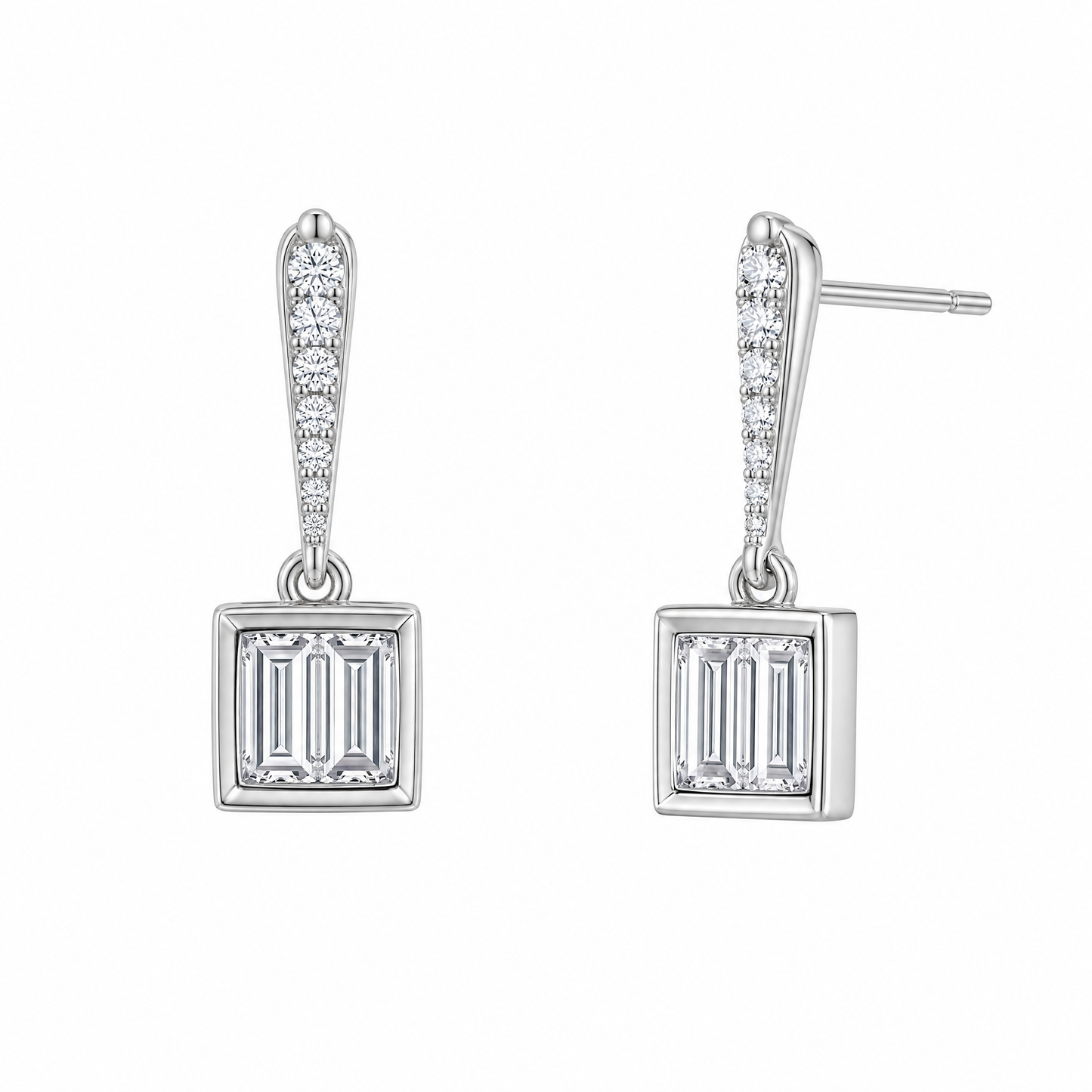 4 Baguette & 16-Diamond Bar & Square Dangle Post Earrings, 4x16mm