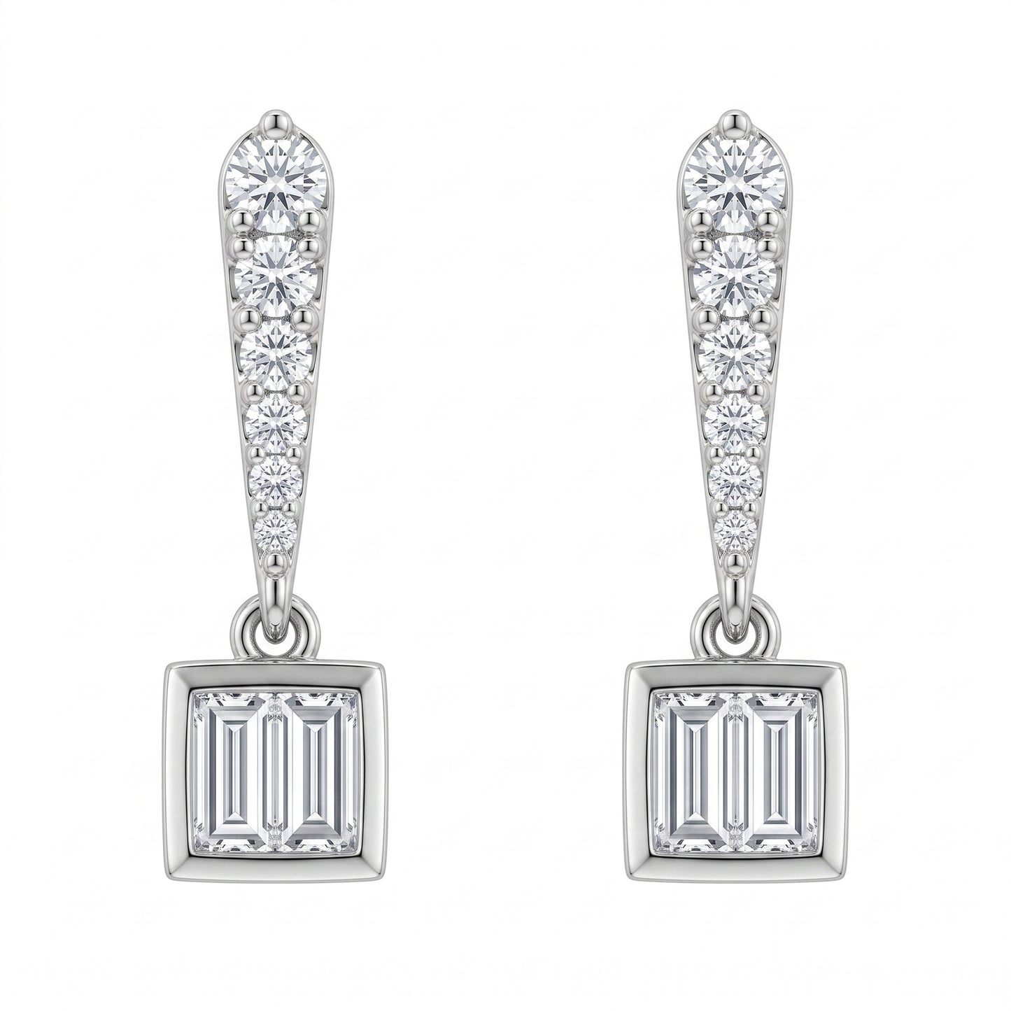 4 Baguette & 16-Diamond Bar & Square Dangle Post Earrings, 4x16mm - white background front view