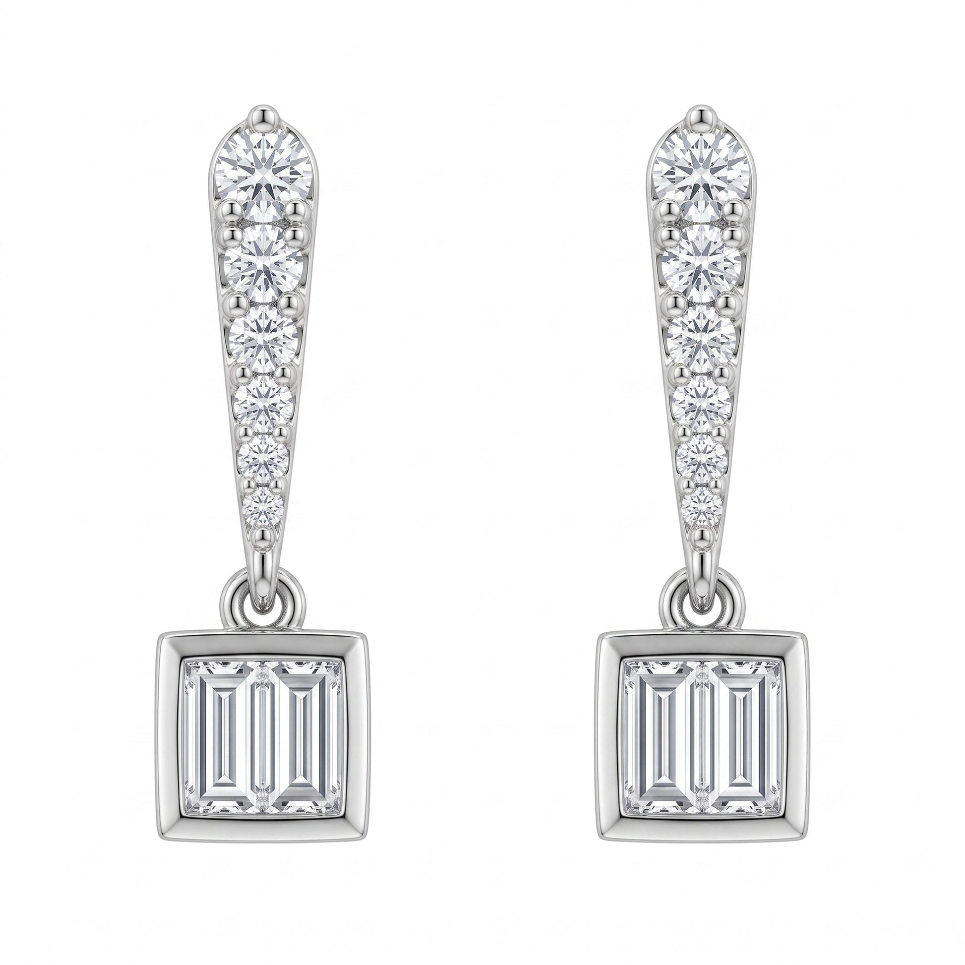 4 Baguette & 16-Diamond Bar & Square Dangle Post Earrings, 4x16mm - white background front view