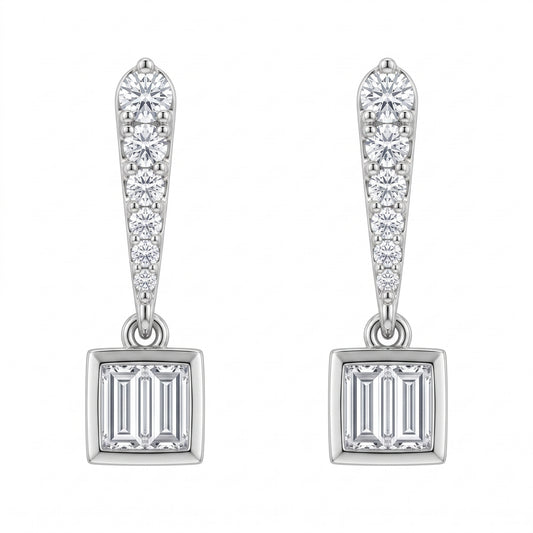 4 Baguette & 16-Diamond Bar & Square Dangle Post Earrings, 4x16mm - white background front view